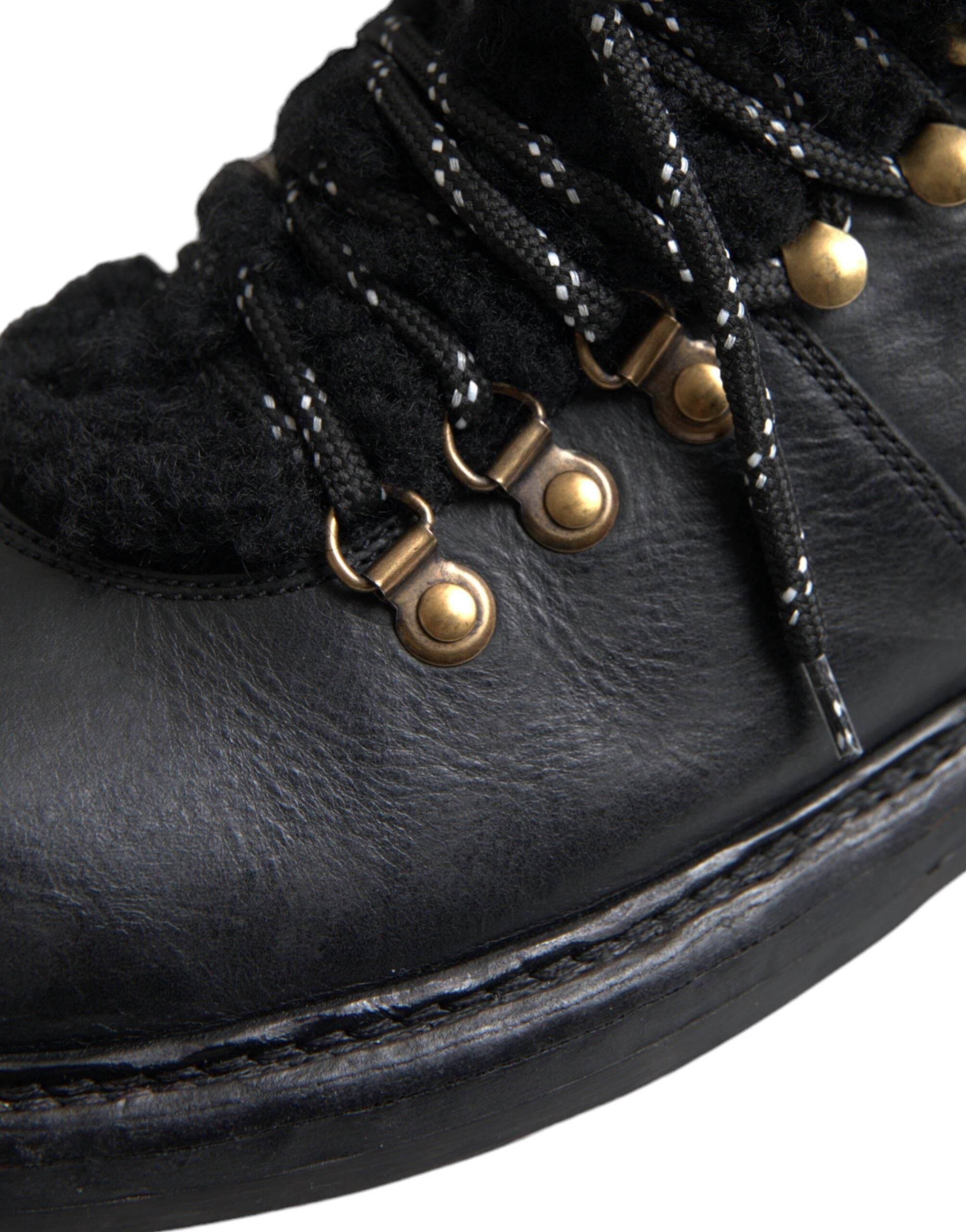 Dolce & Gabbana Black Leather Bernini Shearling Boots Shoes - Hilstor