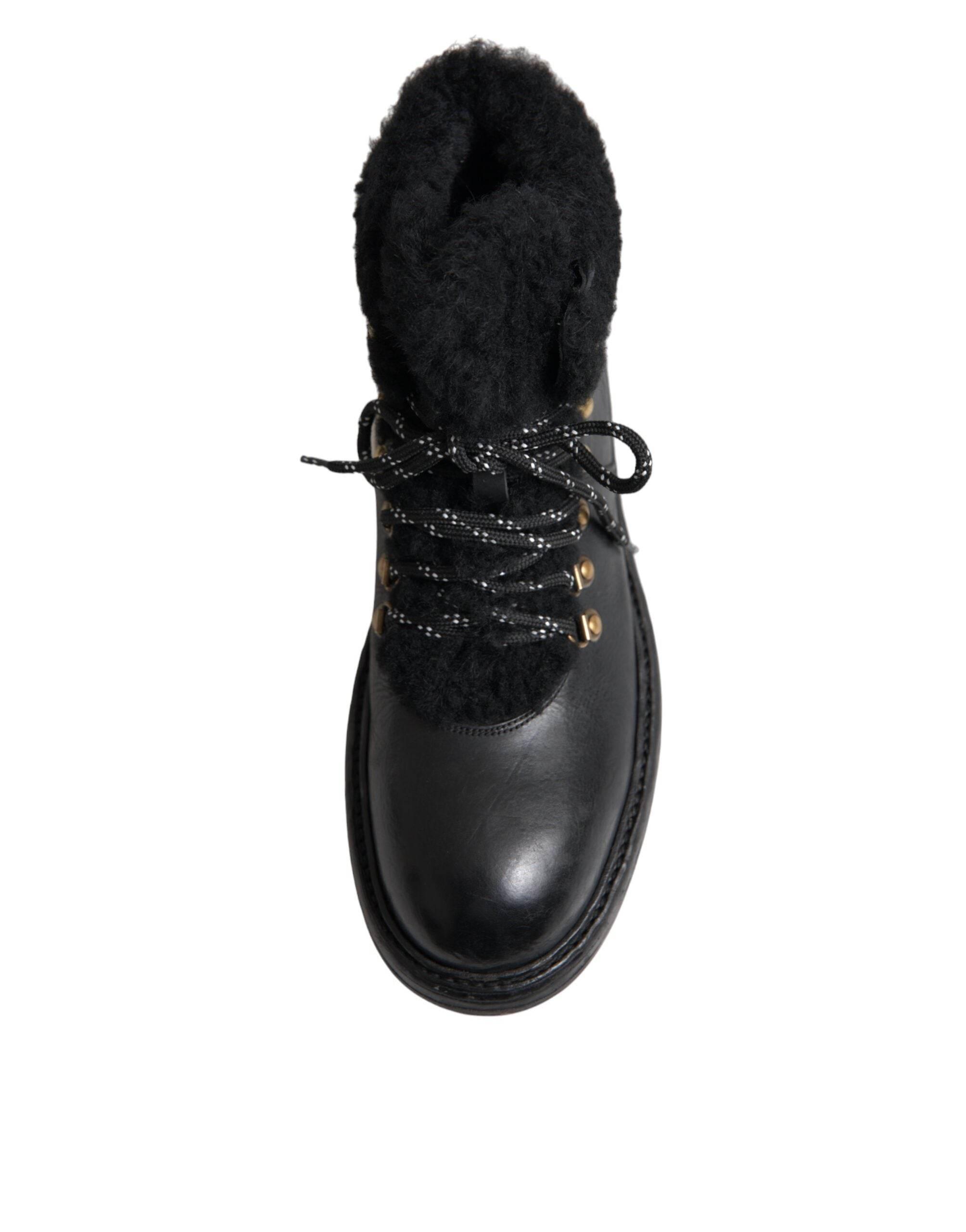 Dolce & Gabbana Black Leather Bernini Shearling Boots Shoes - Hilstor
