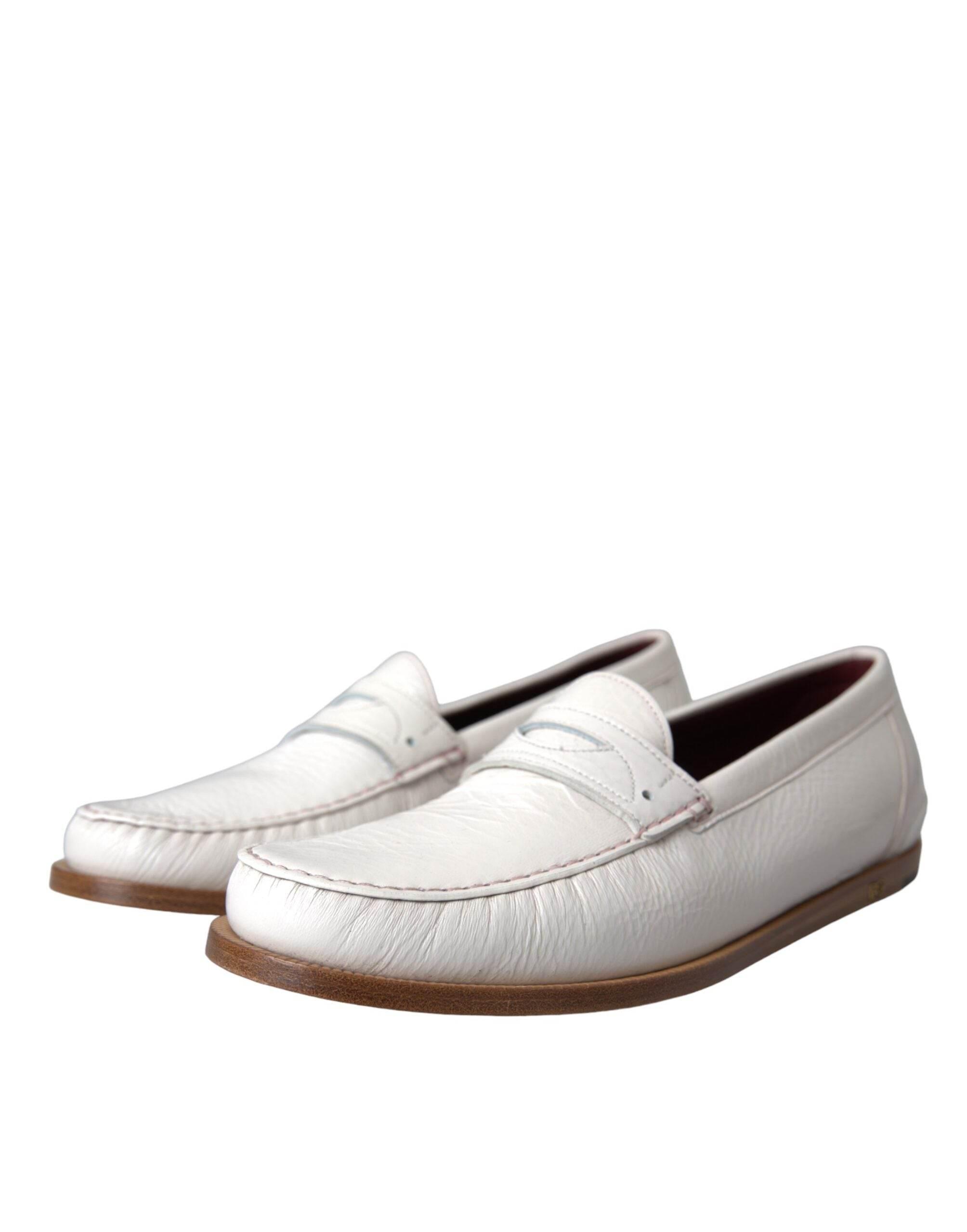 Dolce & Gabbana White Leather Slip On Mocassin Loafers Shoes - Hilstor