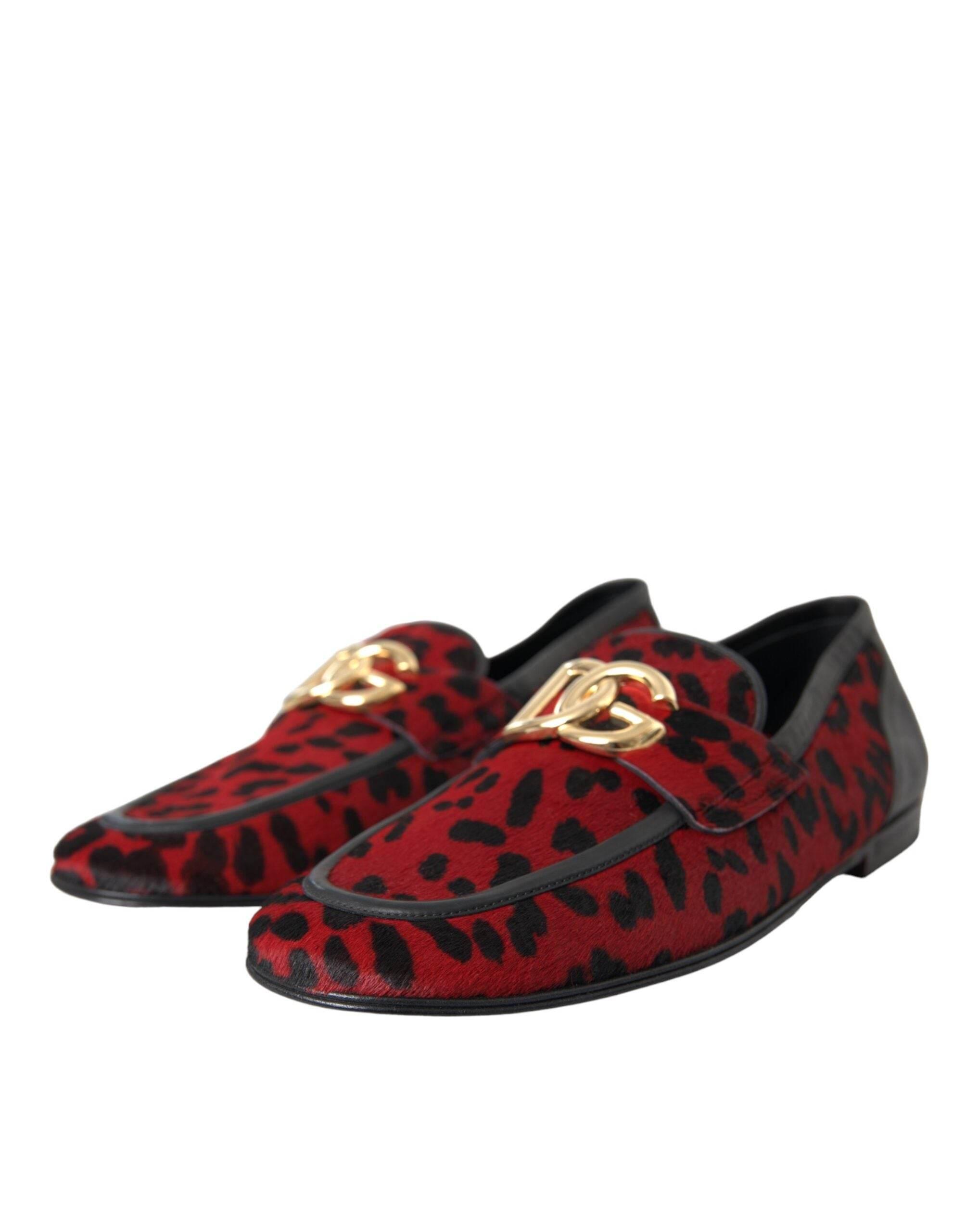 Dolce & Gabbana Red Black Leopard DG Loafers Formal Men Shoes - Hilstor