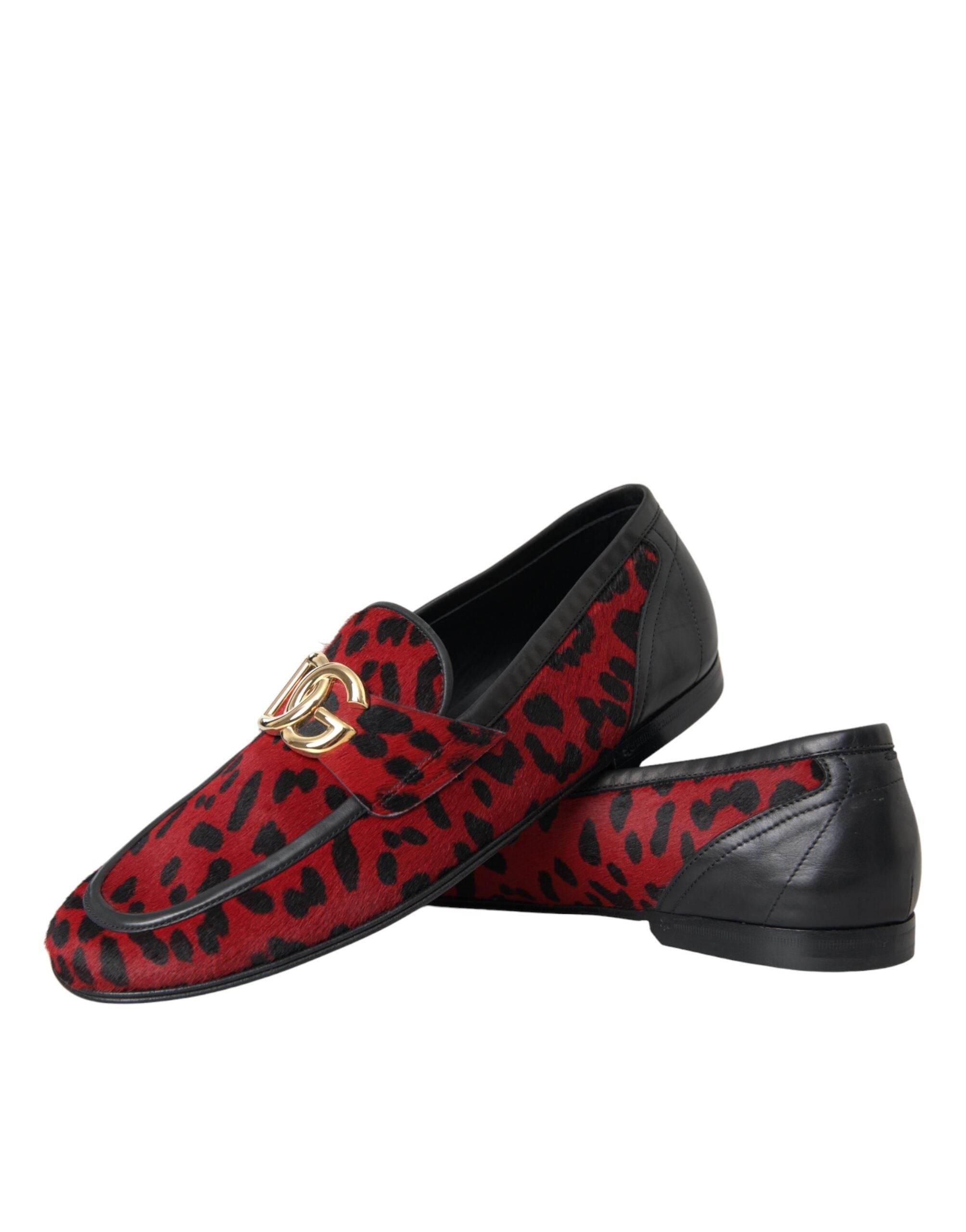 Dolce & Gabbana Red Black Leopard DG Loafers Formal Men Shoes - Hilstor