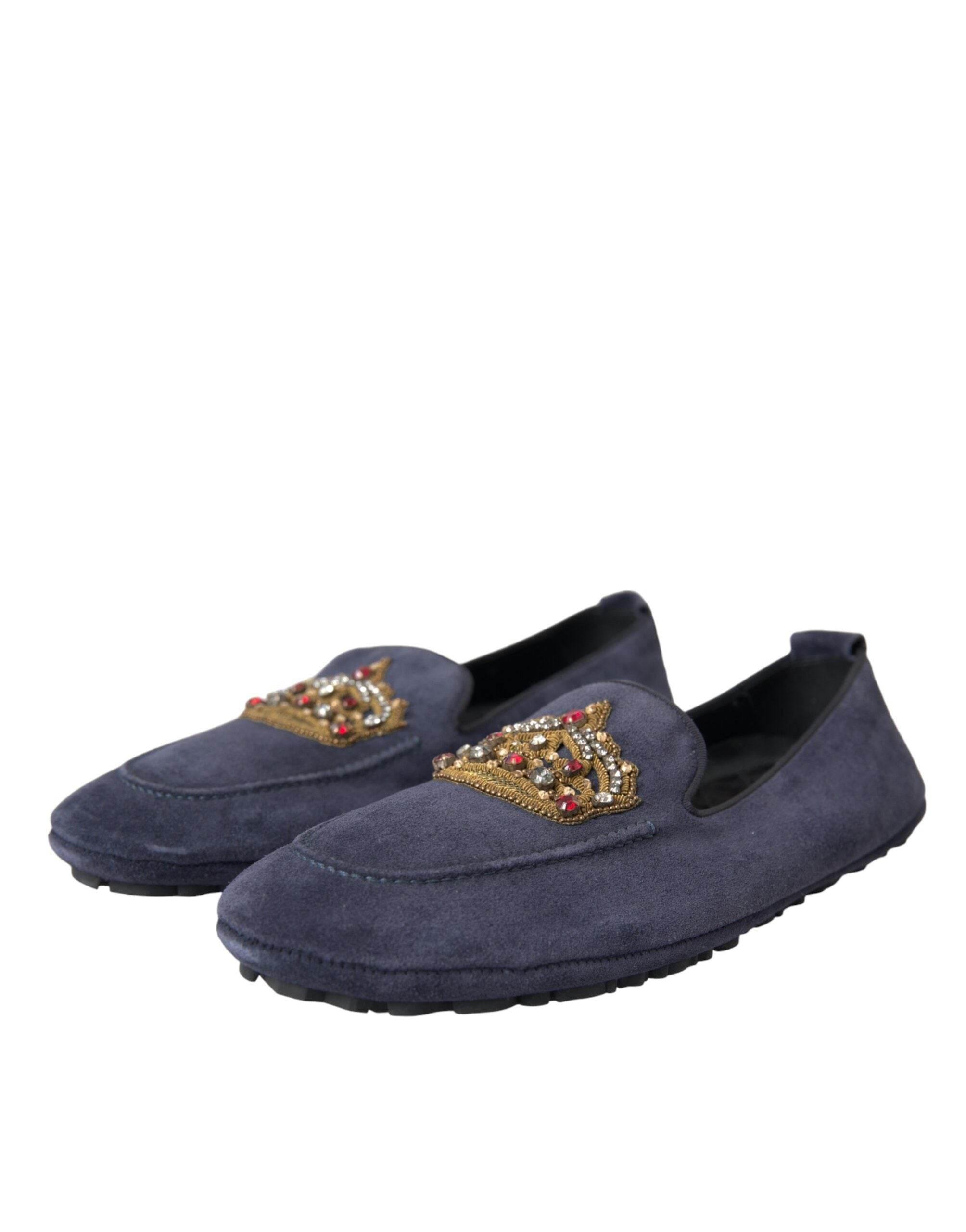 Dolce & Gabbana Blue Leather Suede Crystal Crown Loafers Shoes - Hilstor
