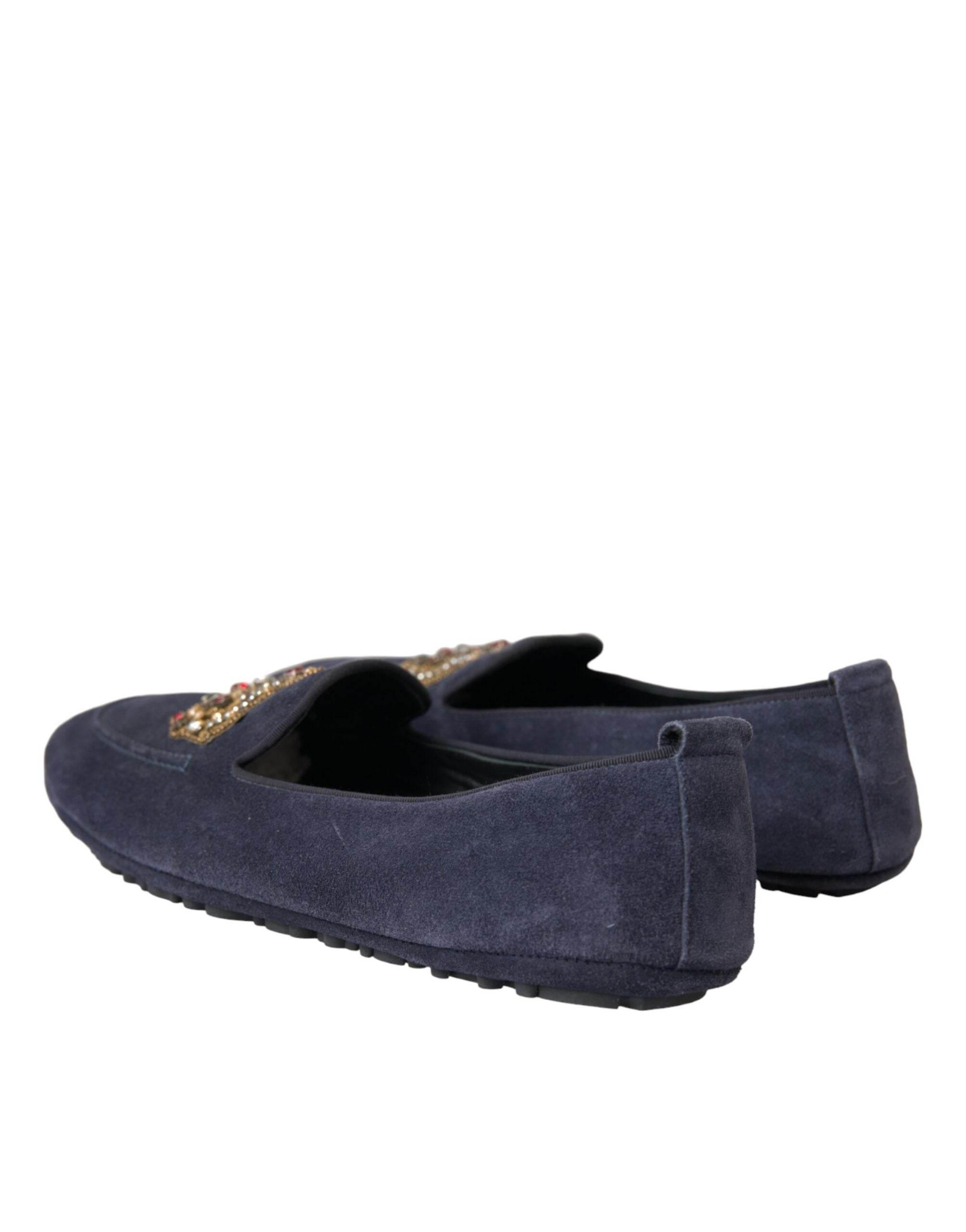 Dolce & Gabbana Blue Leather Suede Crystal Crown Loafers Shoes - Hilstor