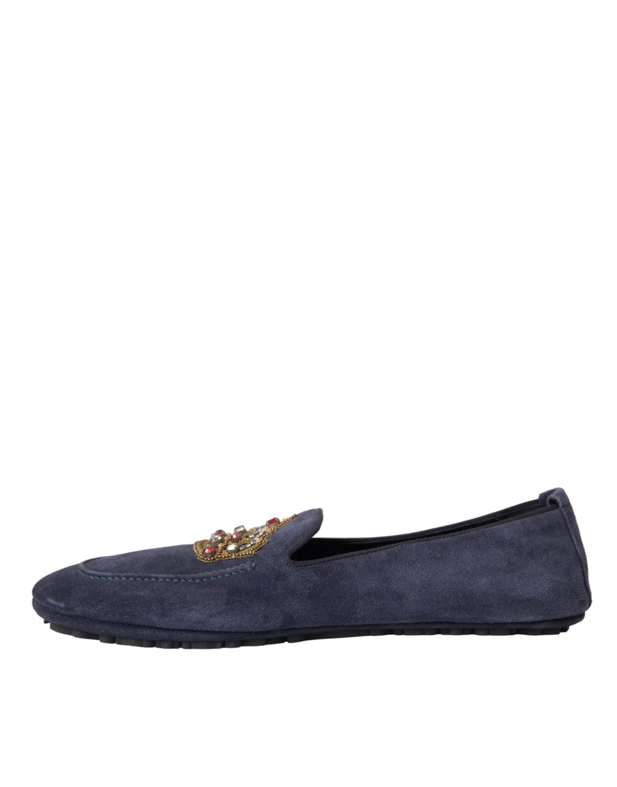 Dolce & Gabbana Blue Leather Suede Crystal Crown Loafers Shoes - Hilstor