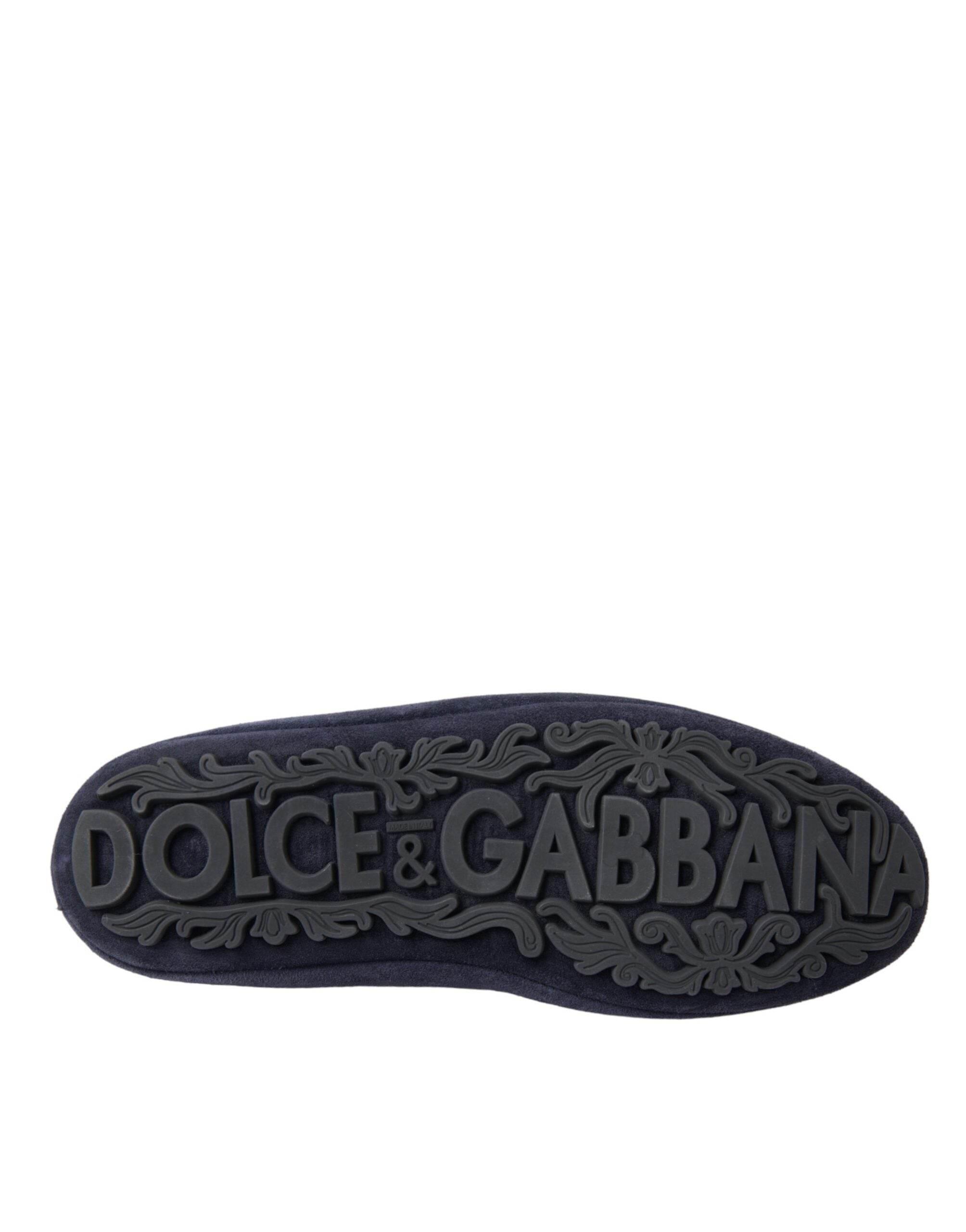 Dolce & Gabbana Blue Leather Suede Crystal Crown Loafers Shoes - Hilstor