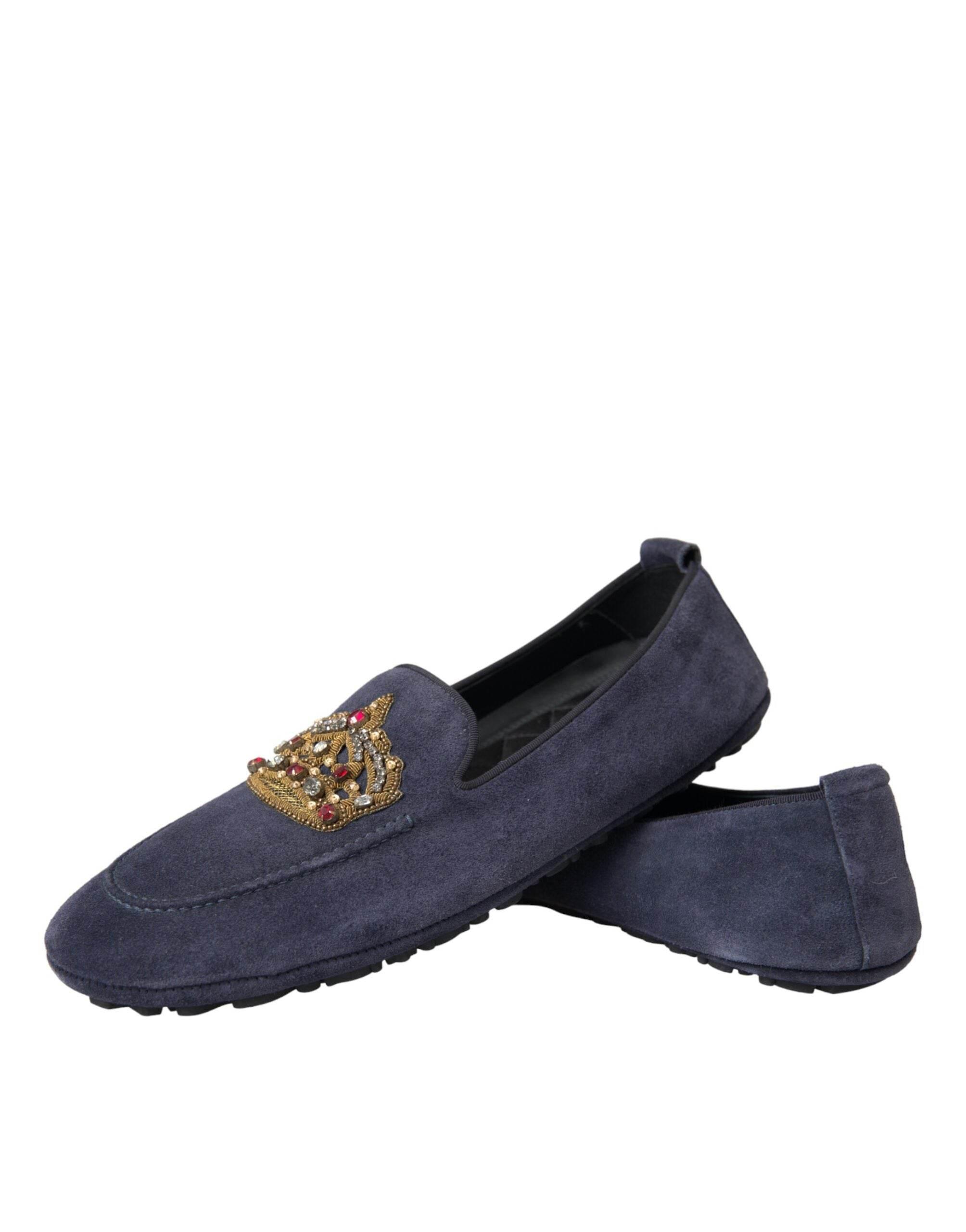 Dolce & Gabbana Blue Leather Suede Crystal Crown Loafers Shoes - Hilstor