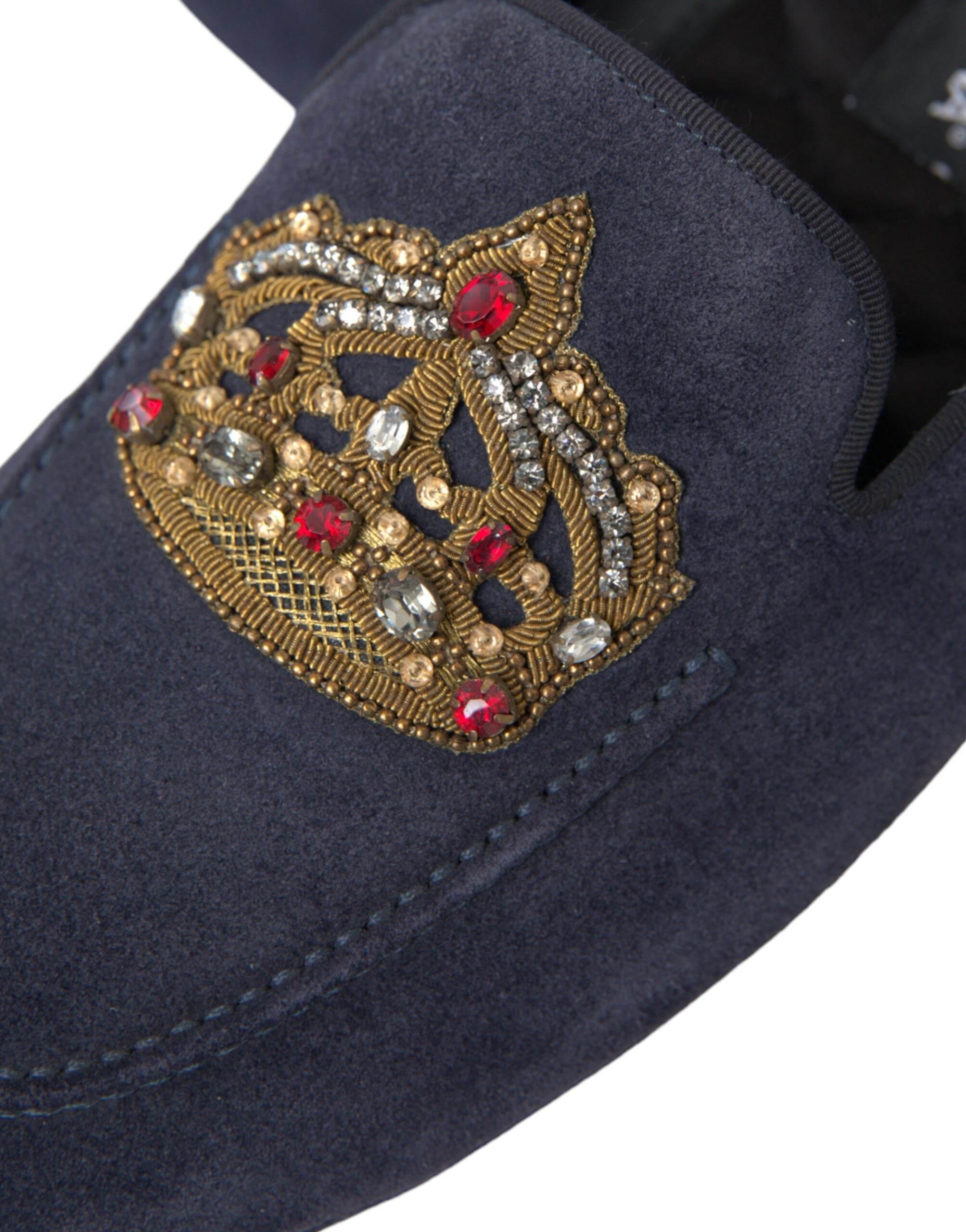 Dolce & Gabbana Blue Leather Suede Crystal Crown Loafers Shoes - Hilstor