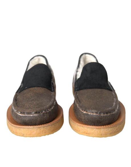 Dolce & Gabbana Brown Black Fur Leather Loafers Men Shoes - Hilstor