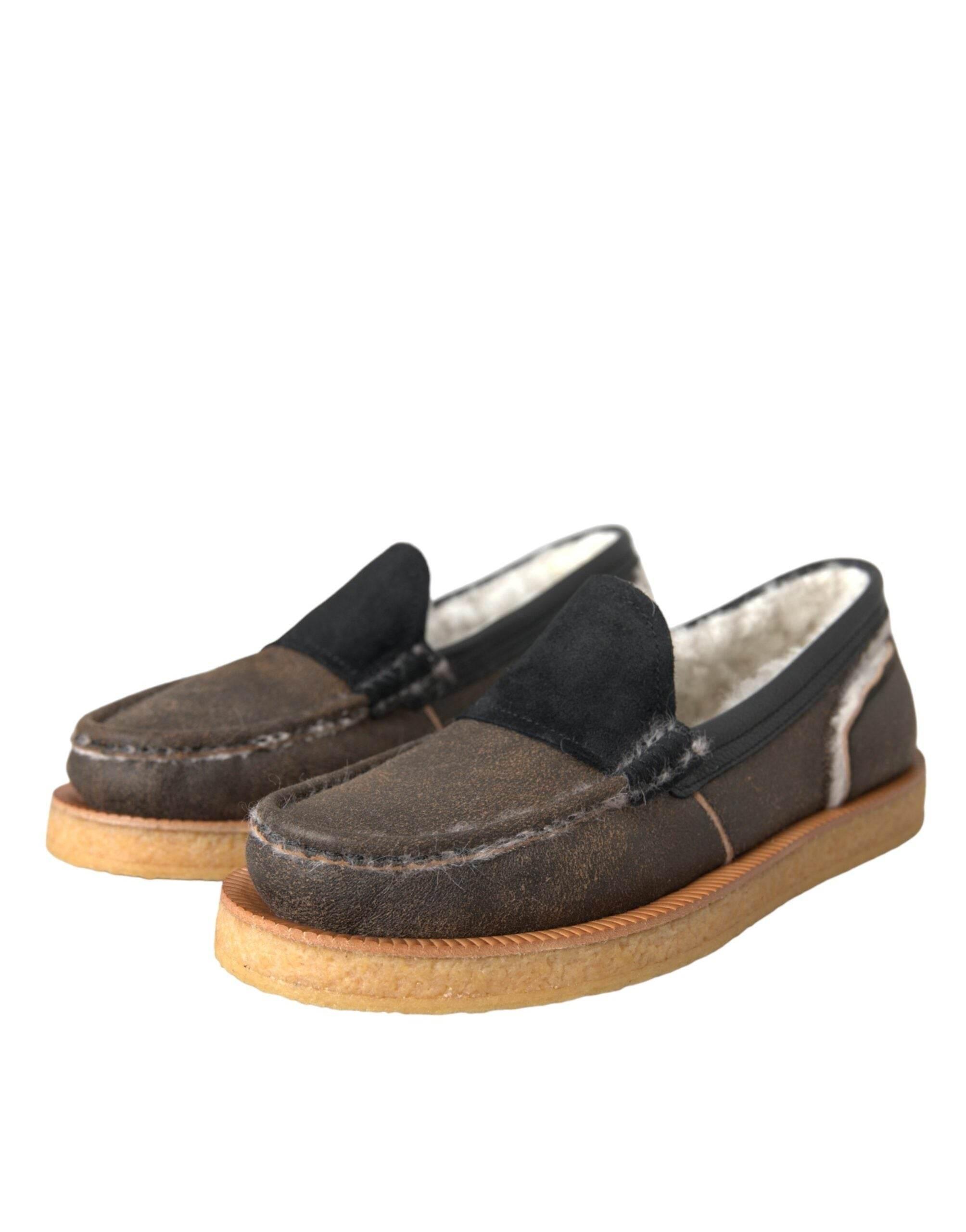 Dolce & Gabbana Brown Black Fur Leather Loafers Men Shoes - Hilstor