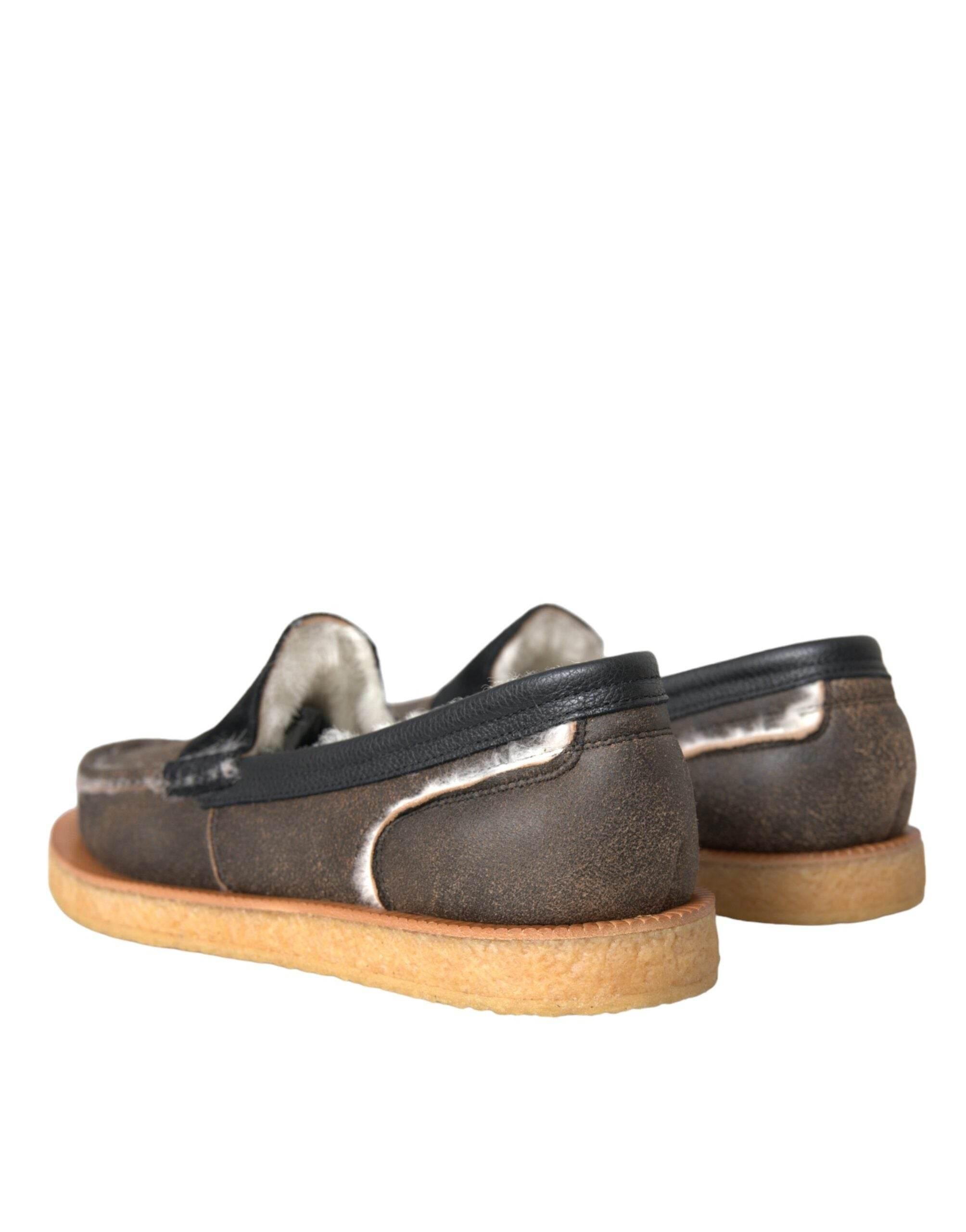 Dolce & Gabbana Brown Black Fur Leather Loafers Men Shoes - Hilstor