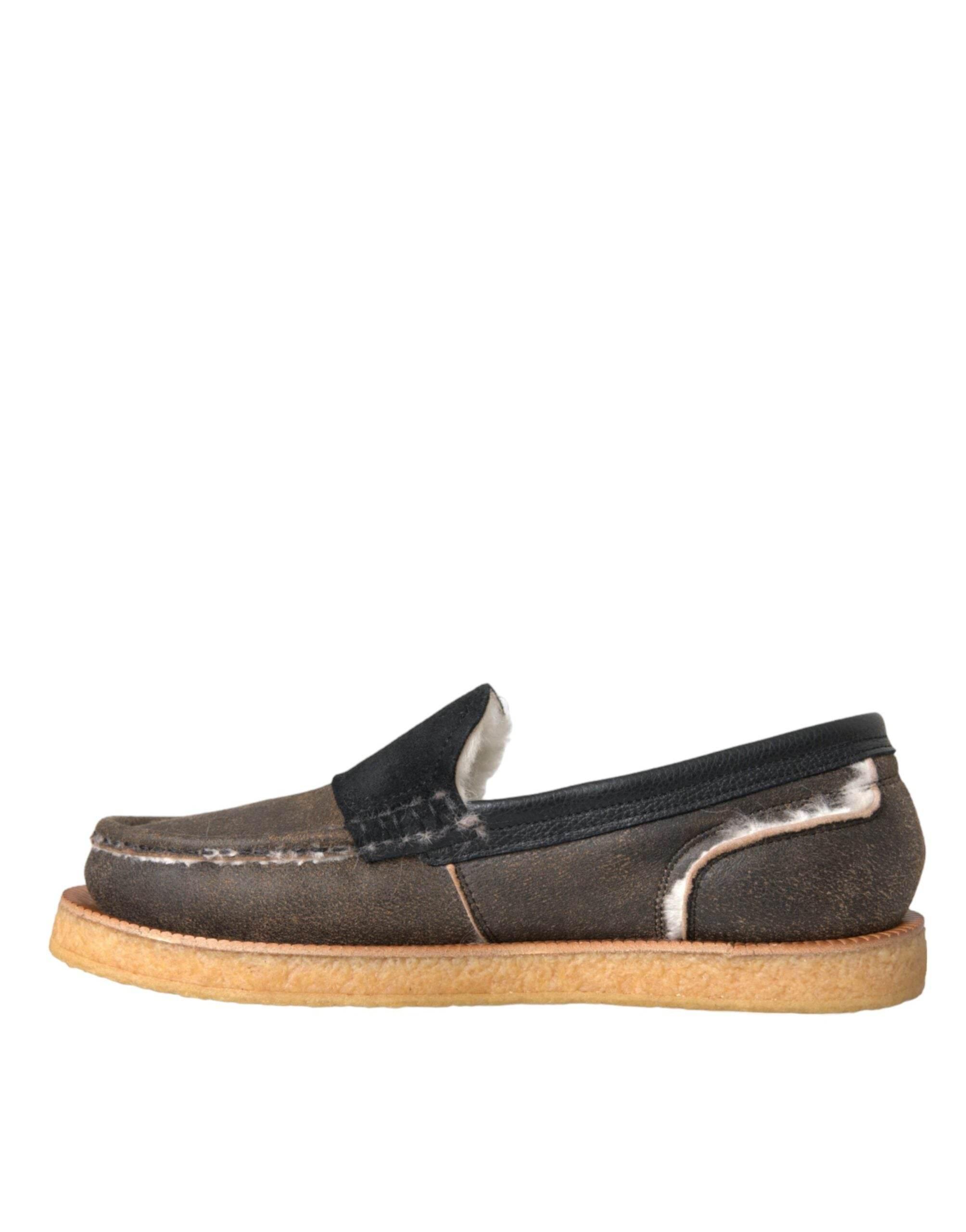 Dolce & Gabbana Brown Black Fur Leather Loafers Men Shoes - Hilstor