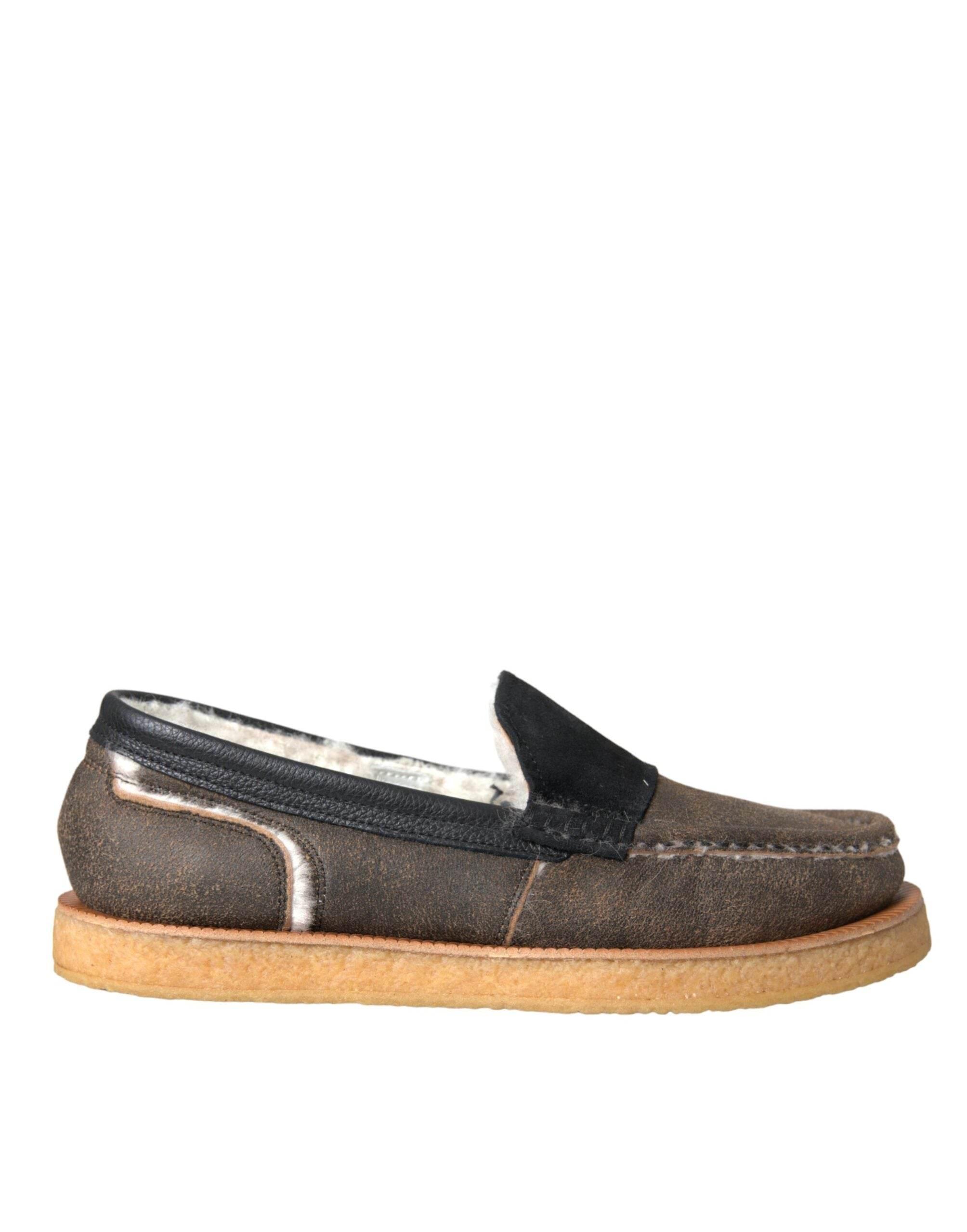 Dolce & Gabbana Brown Black Fur Leather Loafers Men Shoes - Hilstor