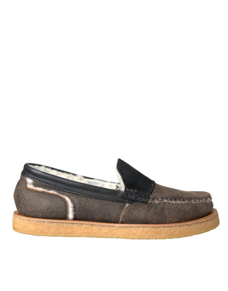 Dolce & Gabbana Brown Black Fur Leather Loafers Men Shoes - Hilstor