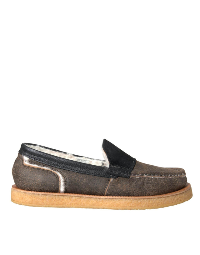 Dolce & Gabbana Brown Black Fur Leather Loafers Men Shoes - Hilstor