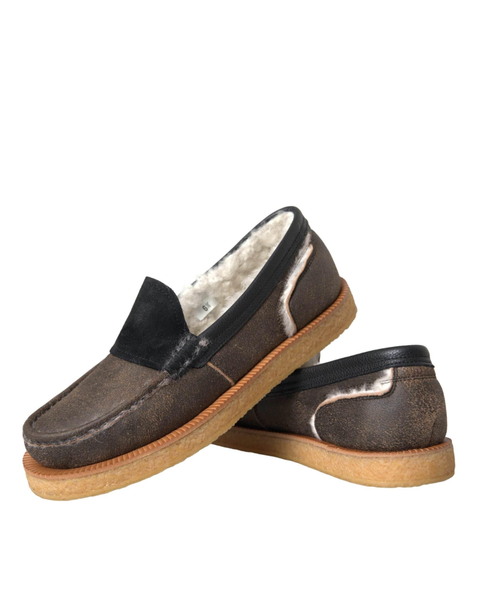 Dolce & Gabbana Brown Black Fur Leather Loafers Men Shoes - Hilstor