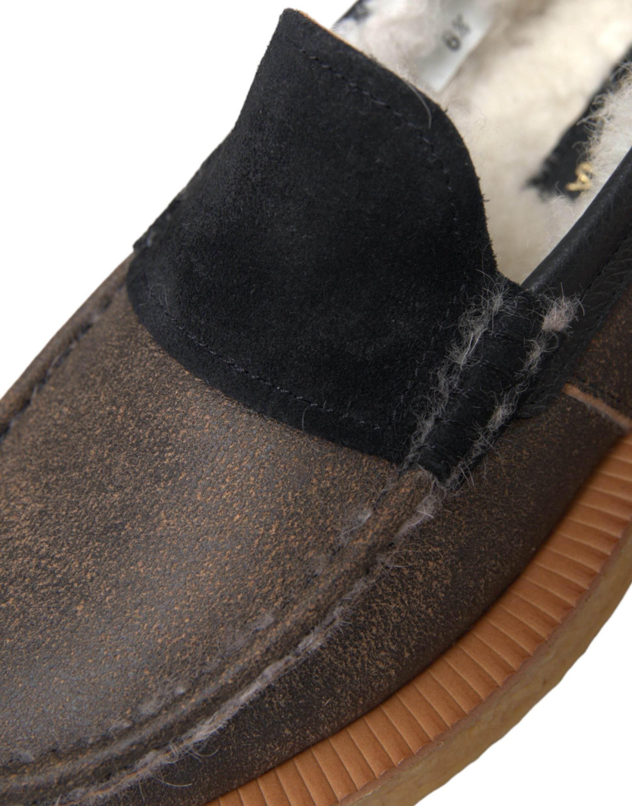 Dolce & Gabbana Brown Black Fur Leather Loafers Men Shoes - Hilstor