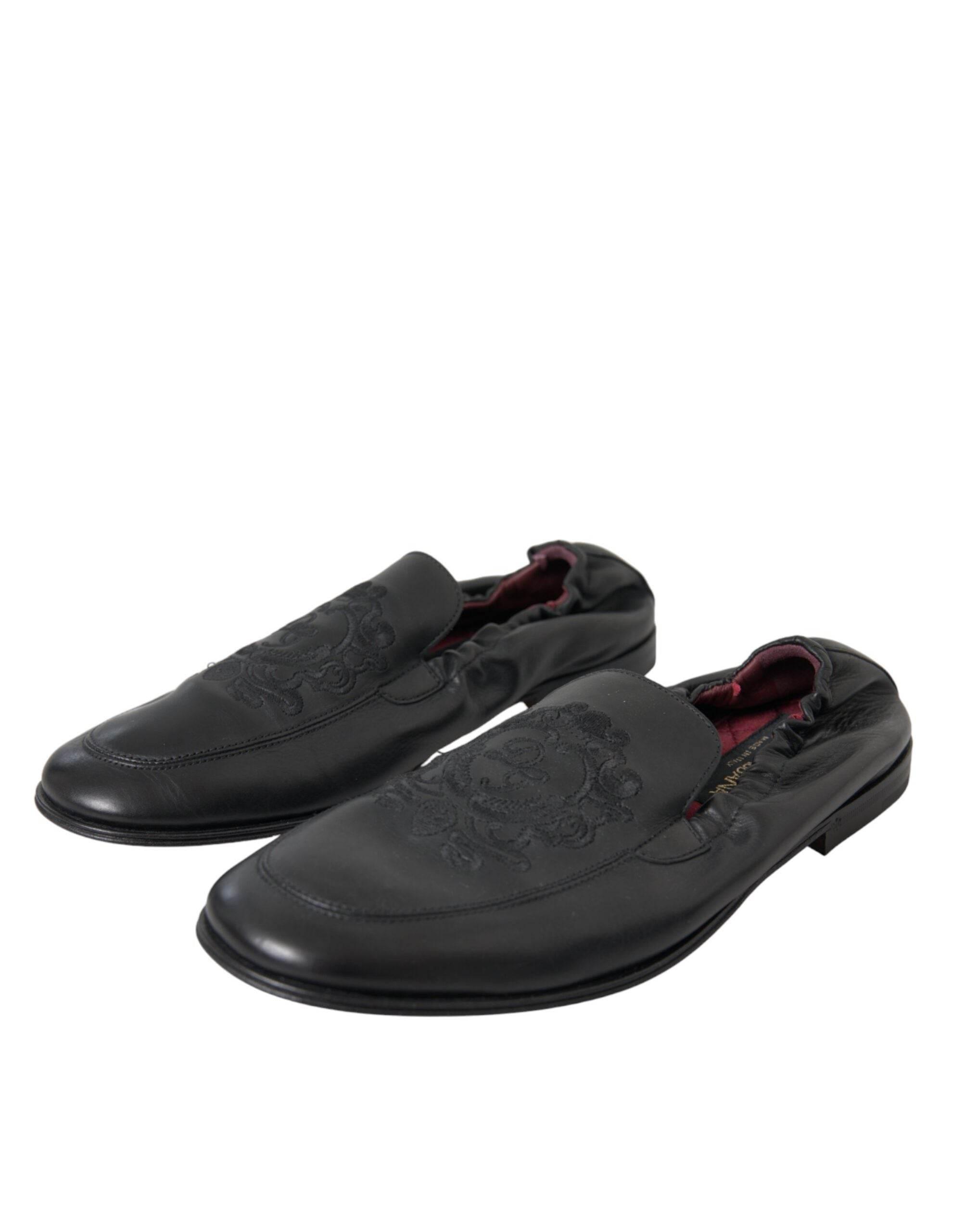 Dolce & Gabbana Black Logo Embroidered Leather Loafer Men Dress Shoes - Hilstor