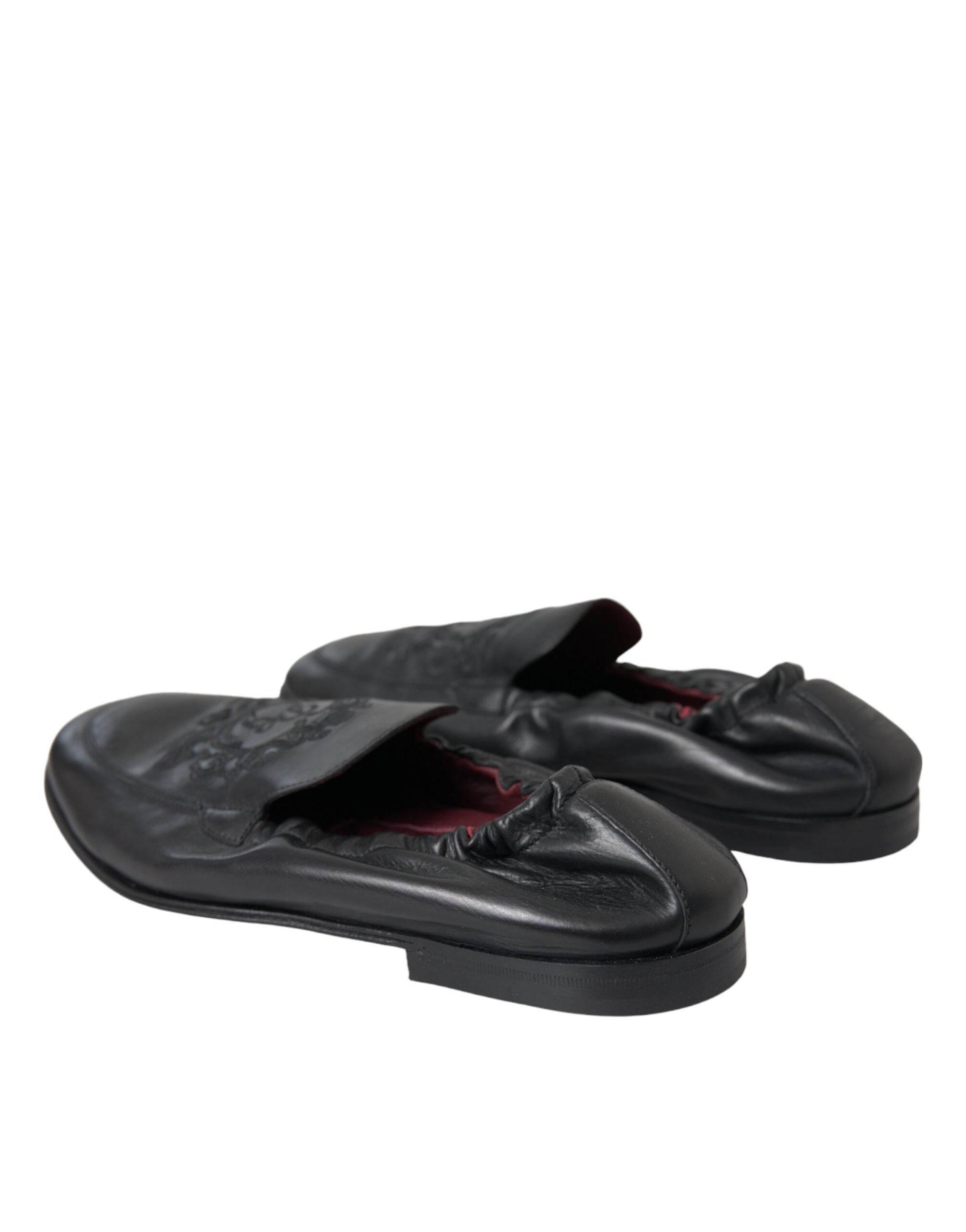 Dolce & Gabbana Black Logo Embroidered Leather Loafer Men Dress Shoes - Hilstor