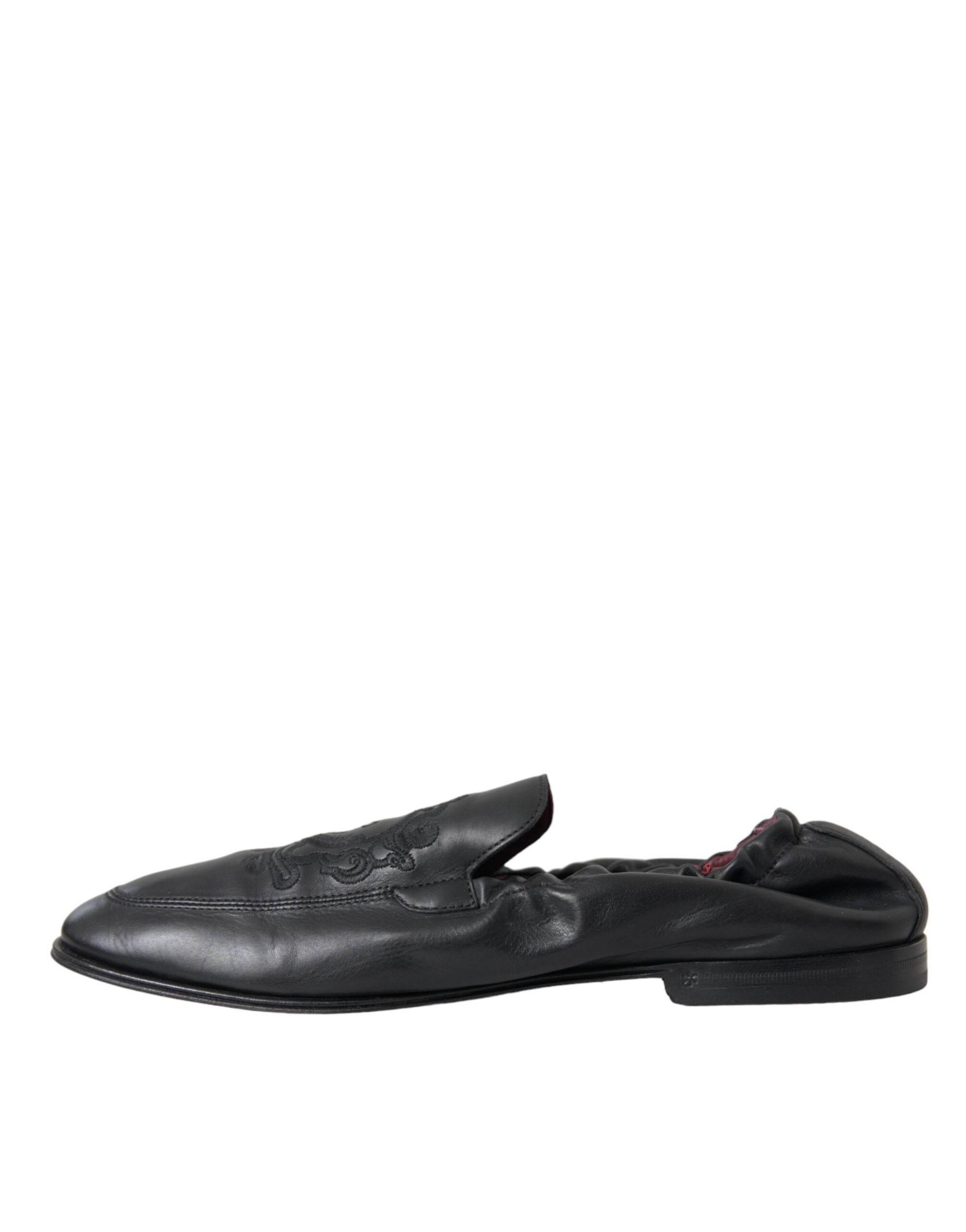 Dolce & Gabbana Black Logo Embroidered Leather Loafer Men Dress Shoes - Hilstor