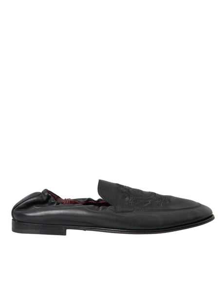 Dolce & Gabbana Black Logo Embroidered Leather Loafer Men Dress Shoes - Hilstor