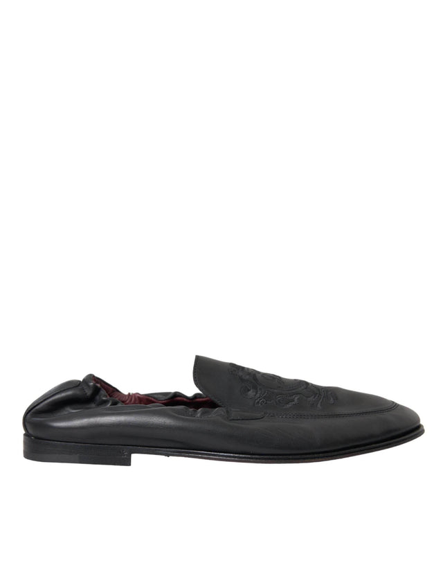 Dolce & Gabbana Black Logo Embroidered Leather Loafer Men Dress Shoes - Hilstor