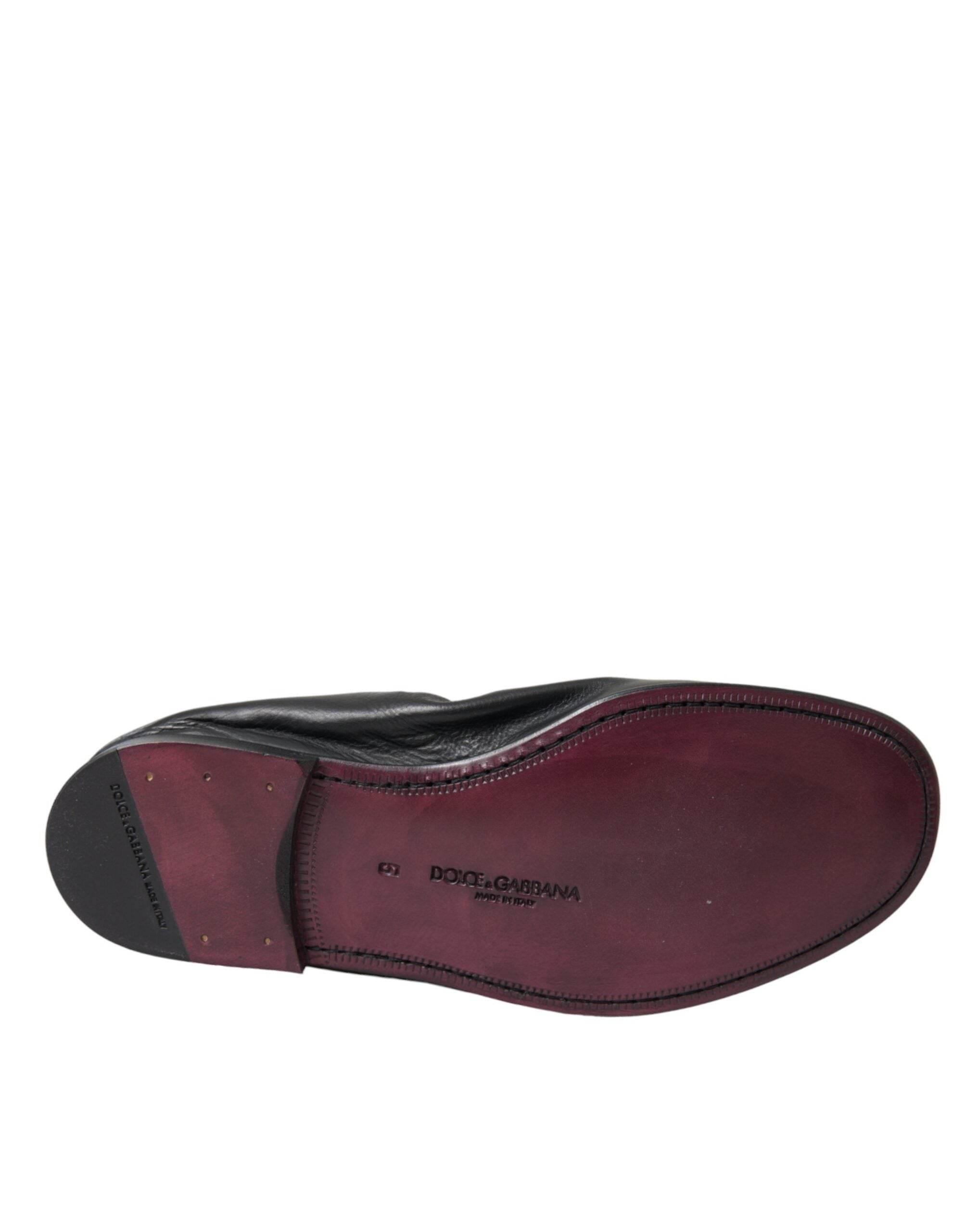 Dolce & Gabbana Black Logo Embroidered Leather Loafer Men Dress Shoes - Hilstor