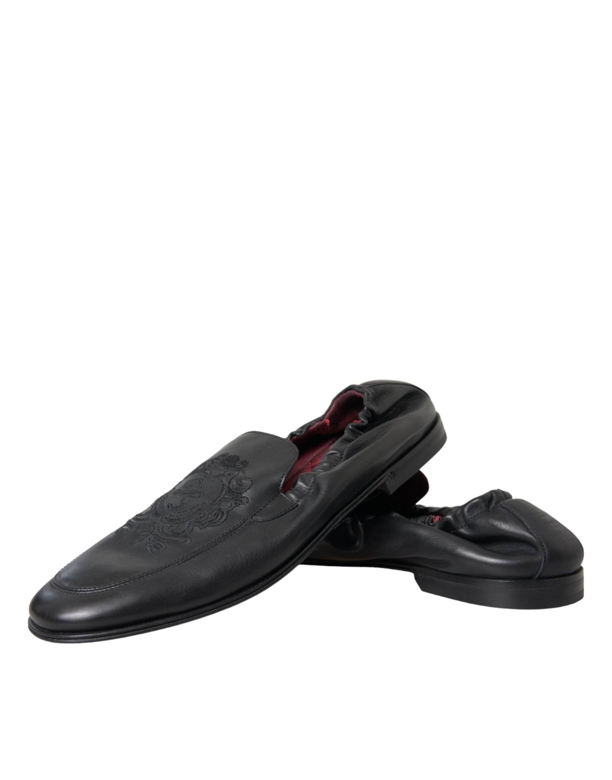 Dolce & Gabbana Black Logo Embroidered Leather Loafer Men Dress Shoes - Hilstor