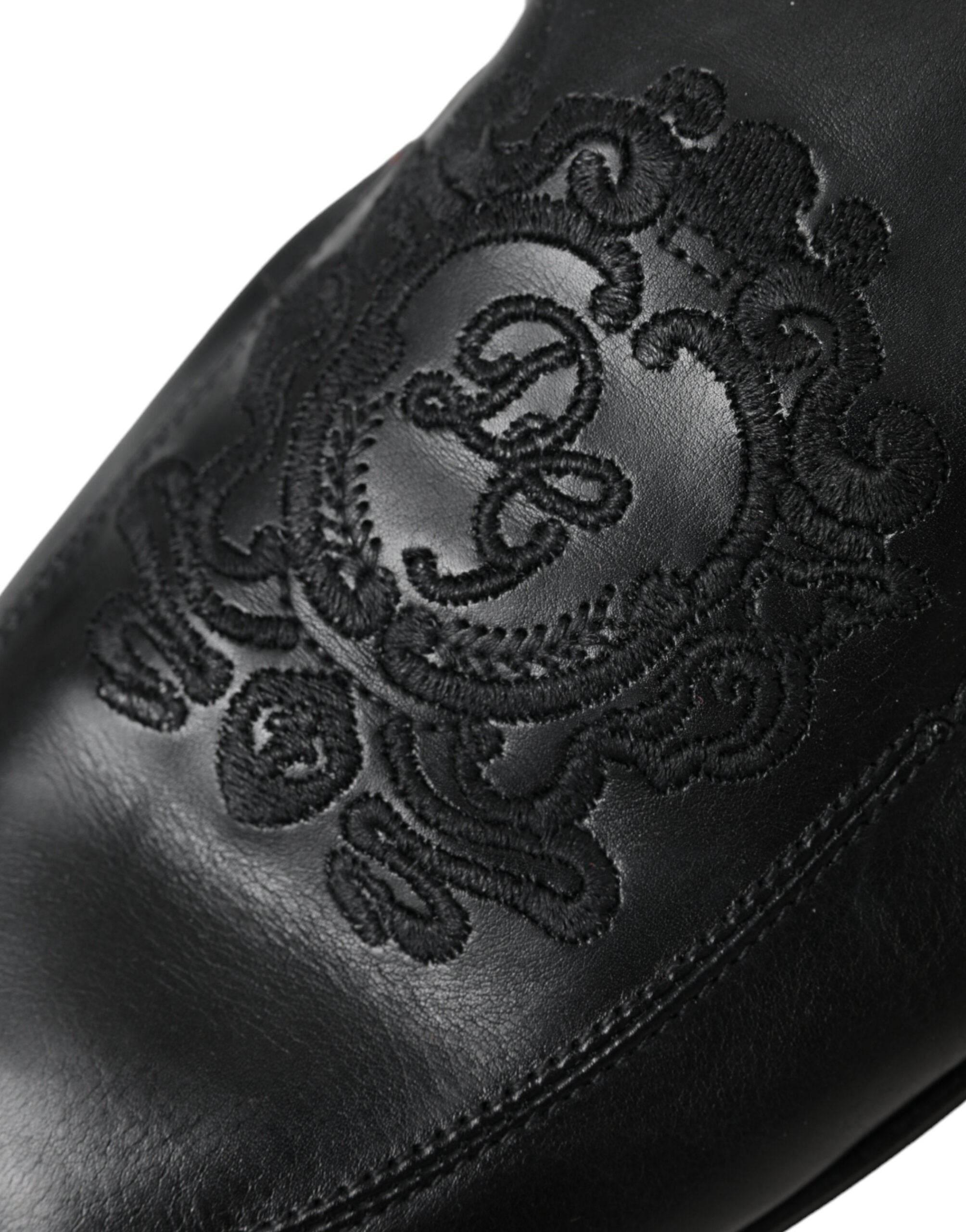 Dolce & Gabbana Black Logo Embroidered Leather Loafer Men Dress Shoes - Hilstor