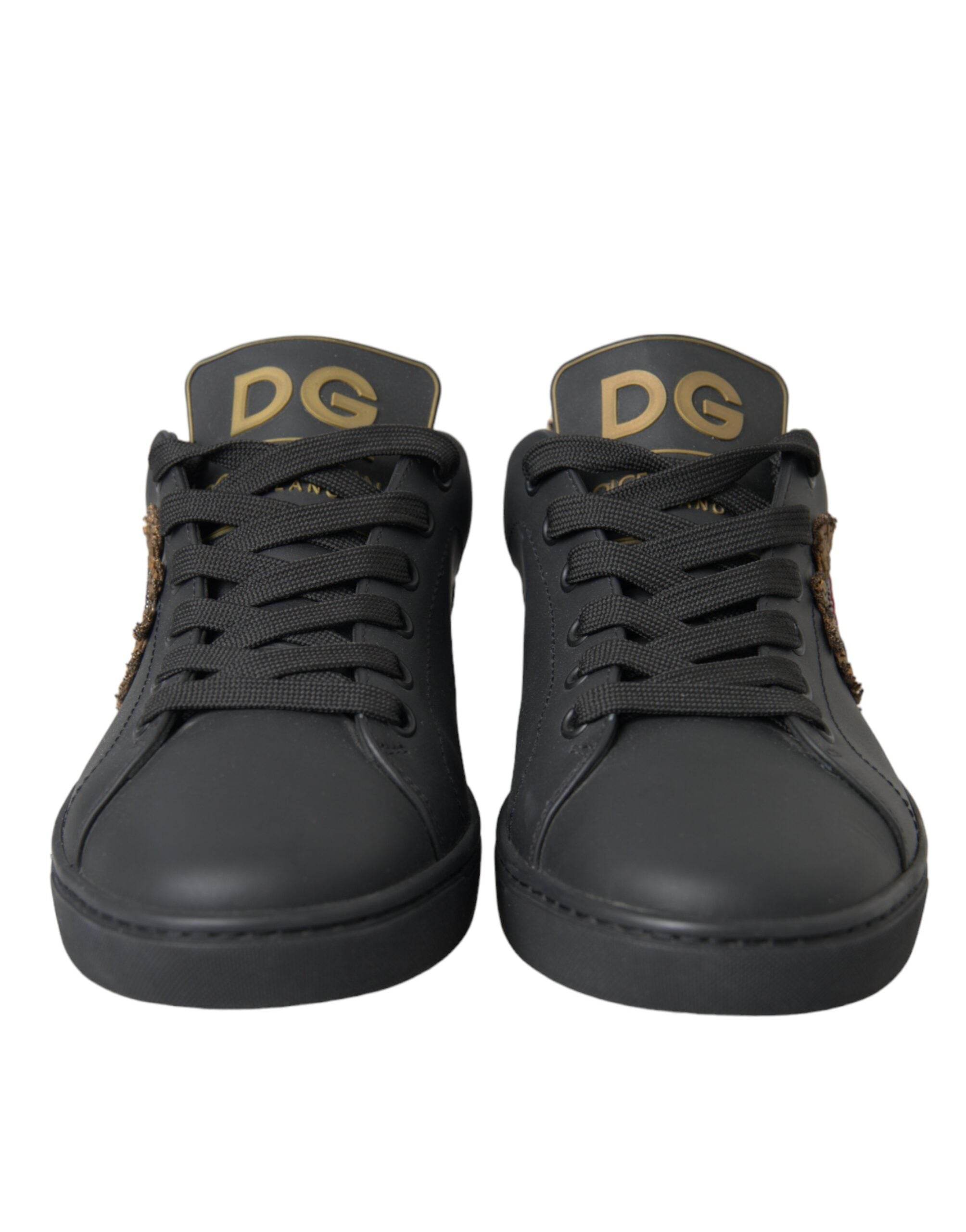Dolce & Gabbana Black Leather Heart Embellished Sneakers Shoes - Hilstor