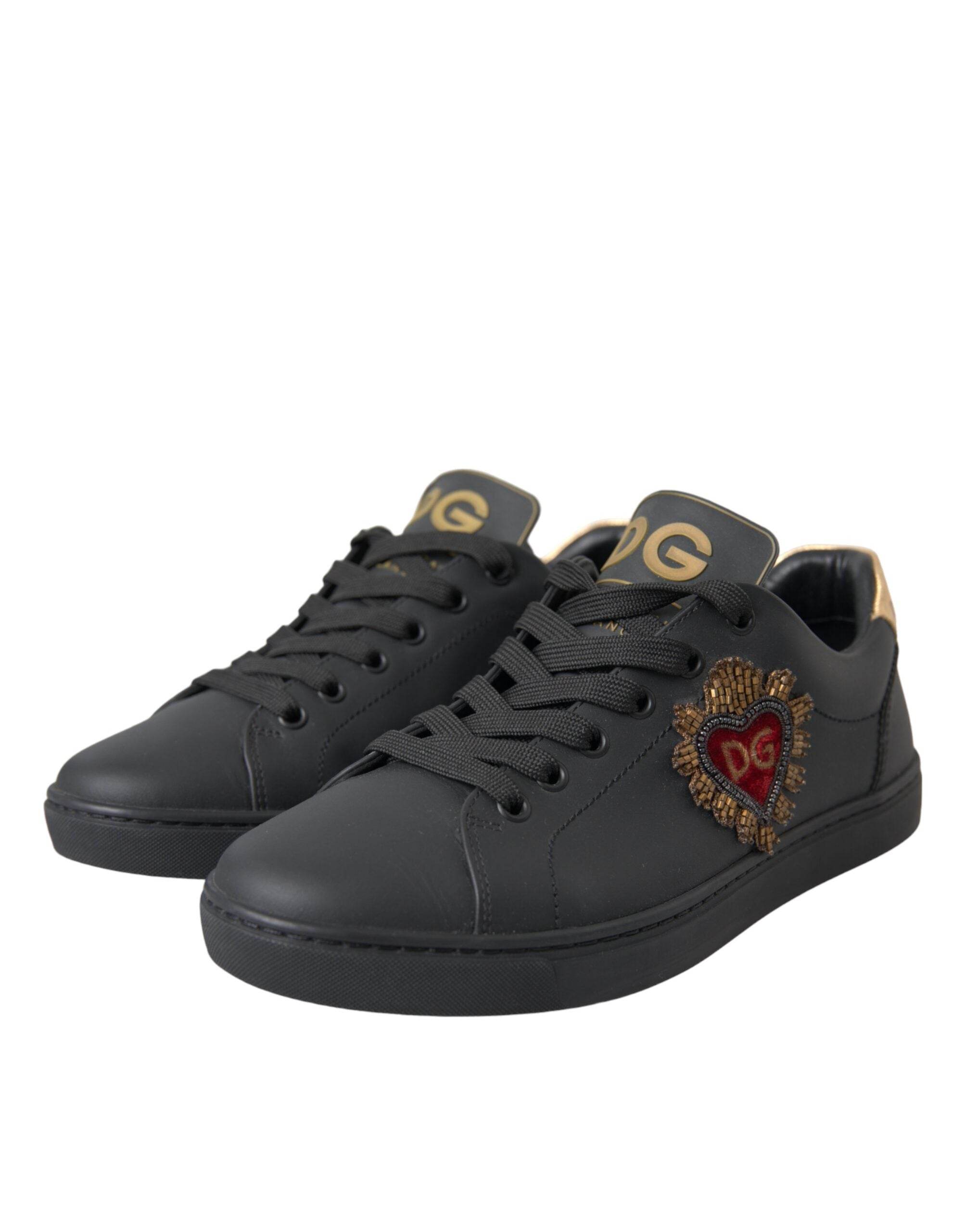 Dolce & Gabbana Black Leather Heart Embellished Sneakers Shoes - Hilstor