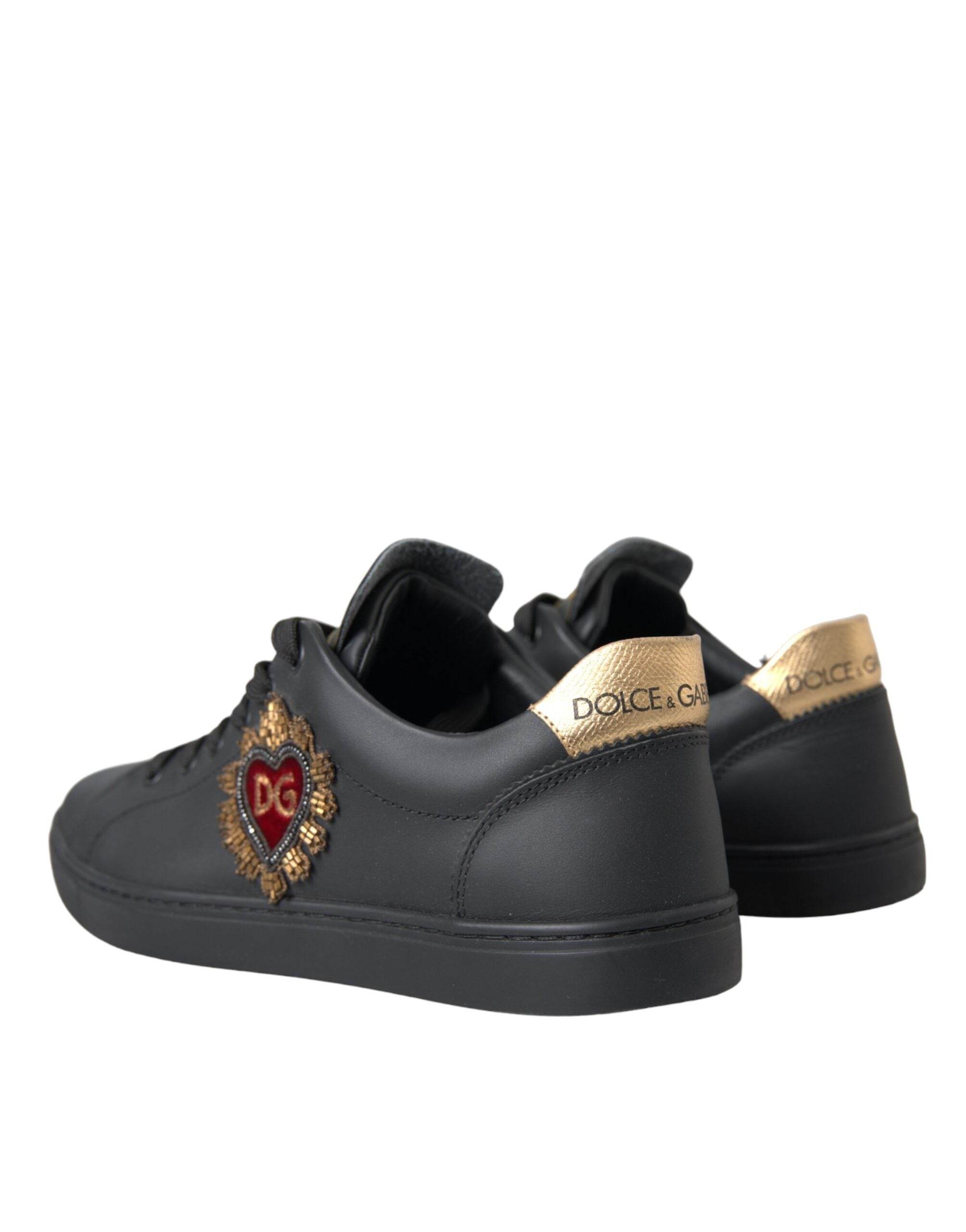 Dolce & Gabbana Black Leather Heart Embellished Sneakers Shoes - Hilstor