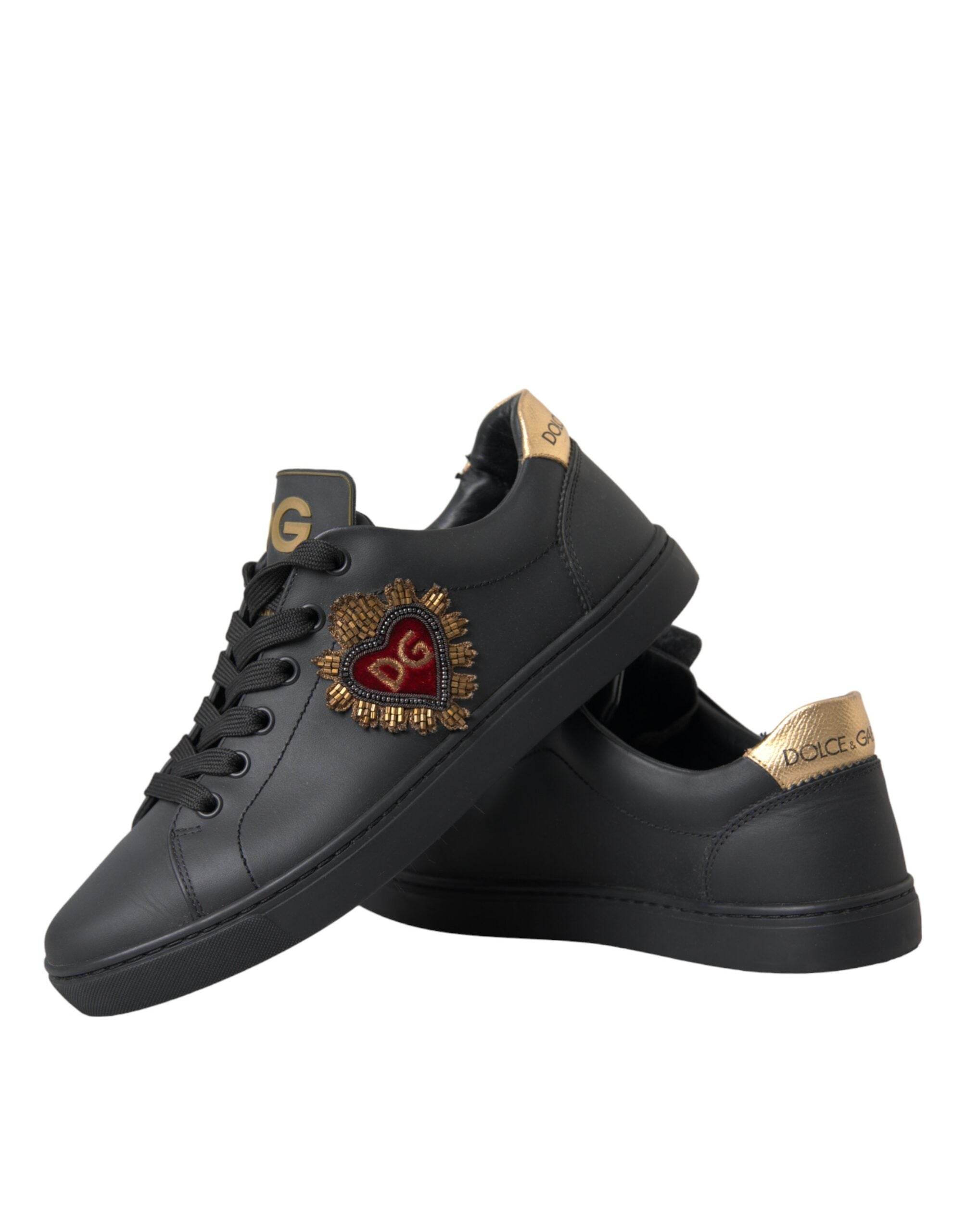 Dolce & Gabbana Black Leather Heart Embellished Sneakers Shoes - Hilstor