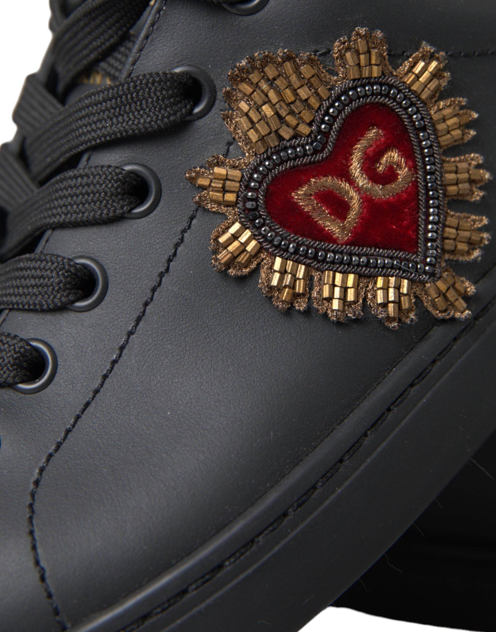 Dolce & Gabbana Black Leather Heart Embellished Sneakers Shoes - Hilstor