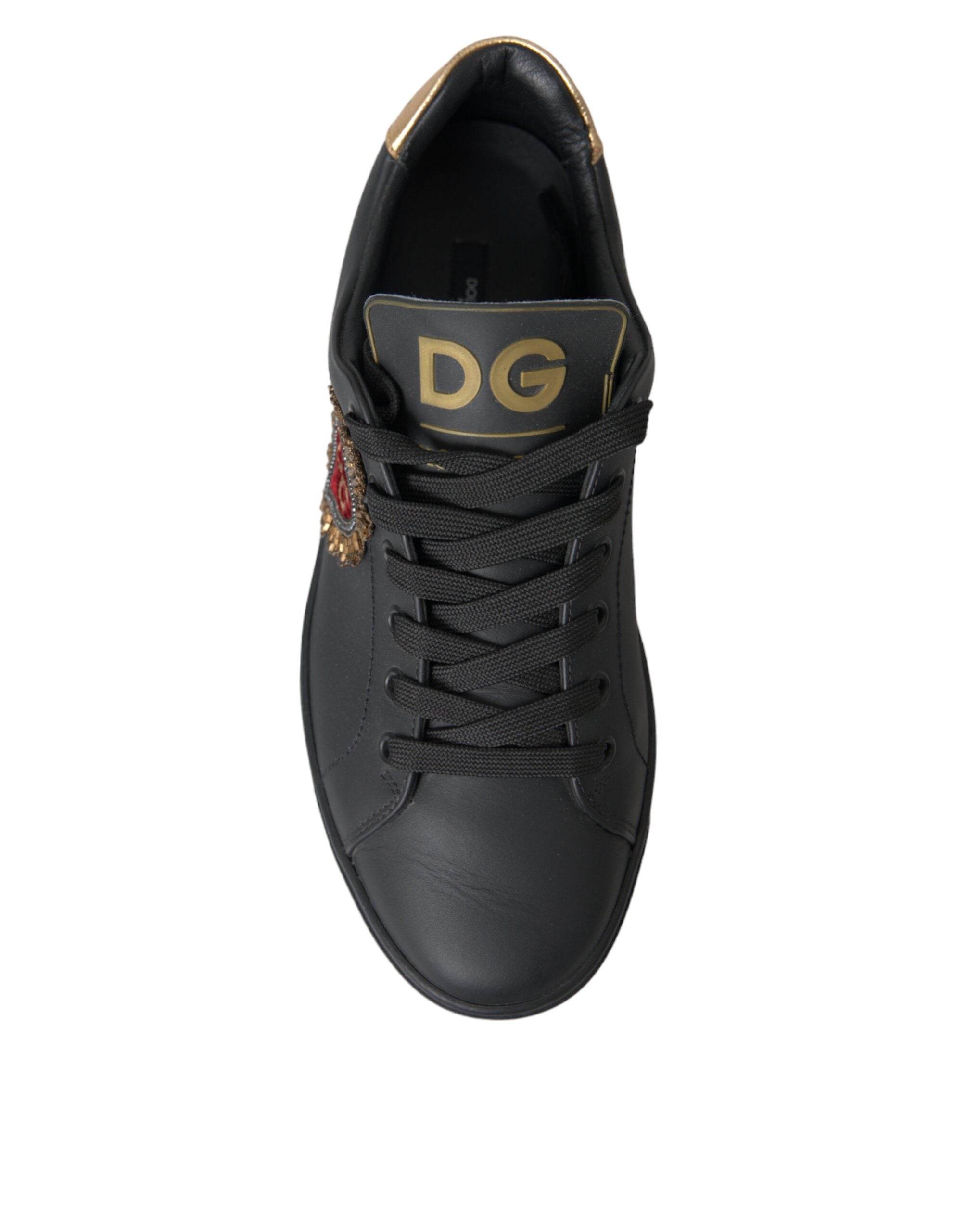 Dolce & Gabbana Black Leather Heart Embellished Sneakers Shoes - Hilstor