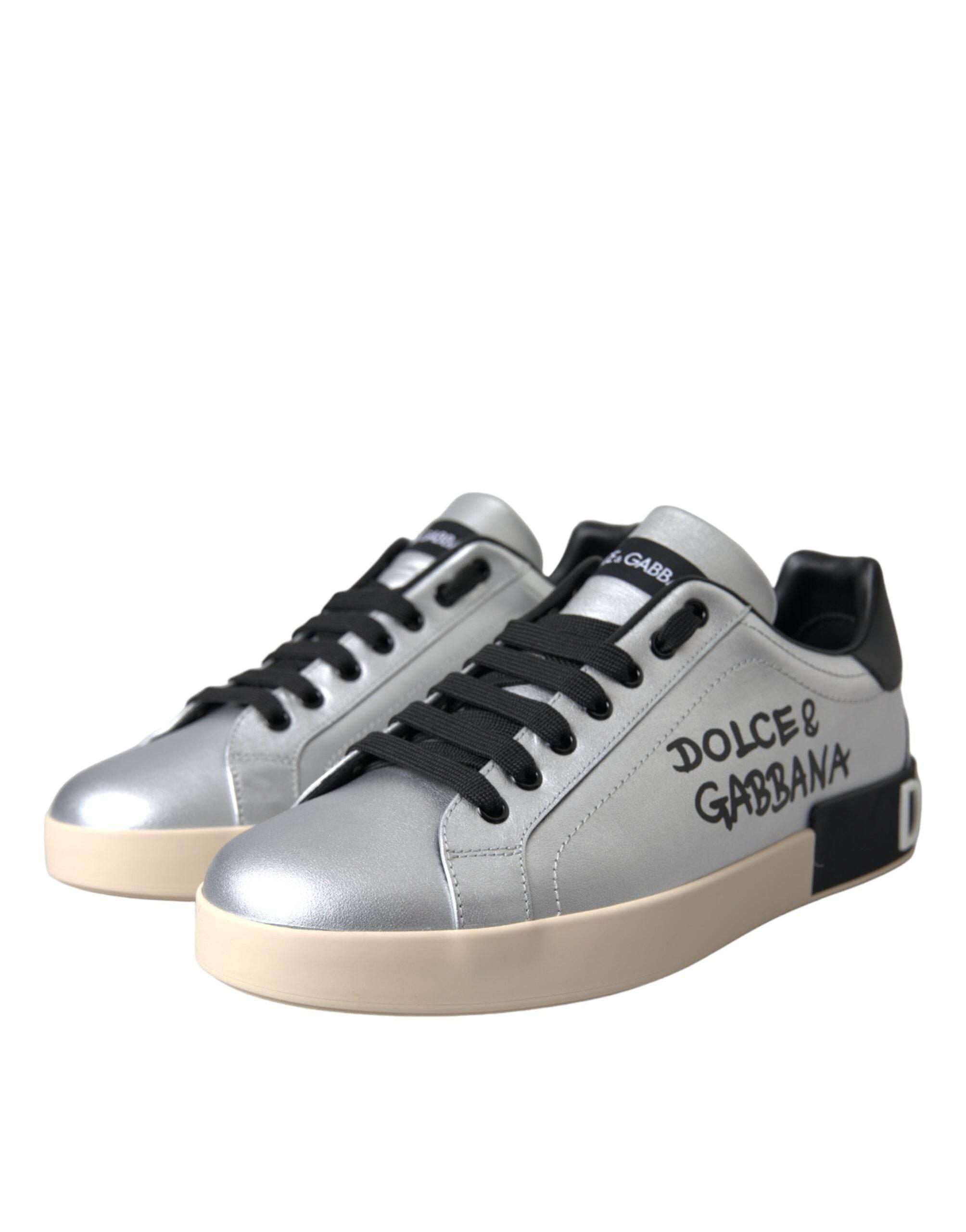Dolce & Gabbana Silver Portofino Calf Leather Sneakers Men Shoes - Hilstor