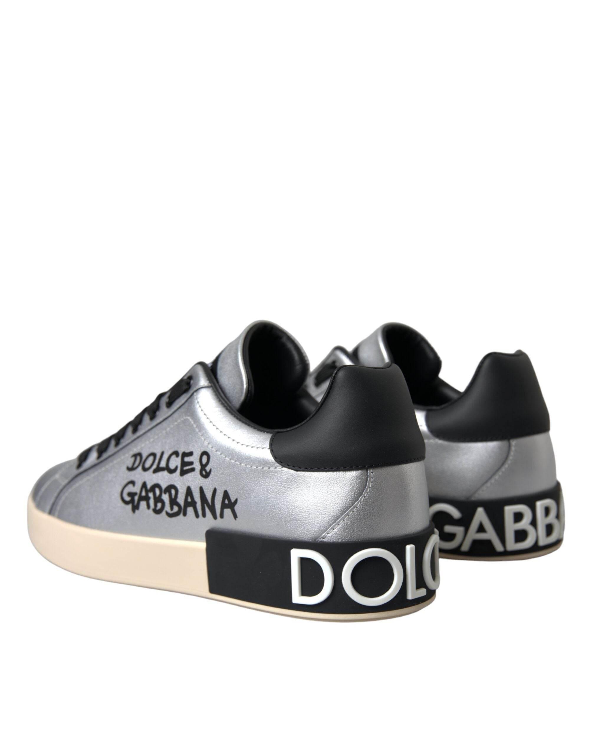 Dolce & Gabbana Silver Portofino Calf Leather Sneakers Men Shoes - Hilstor