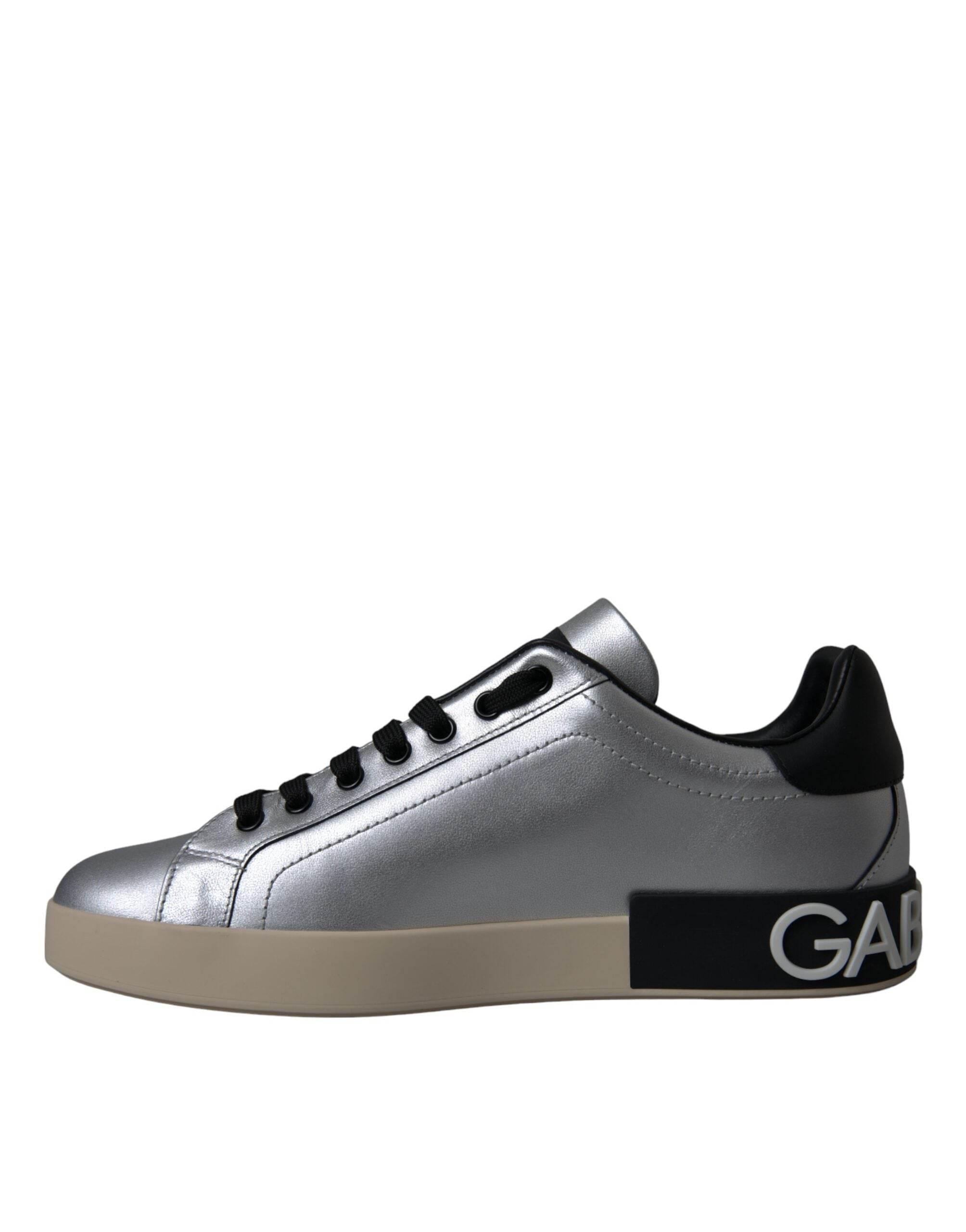 Dolce & Gabbana Silver Portofino Calf Leather Sneakers Men Shoes - Hilstor