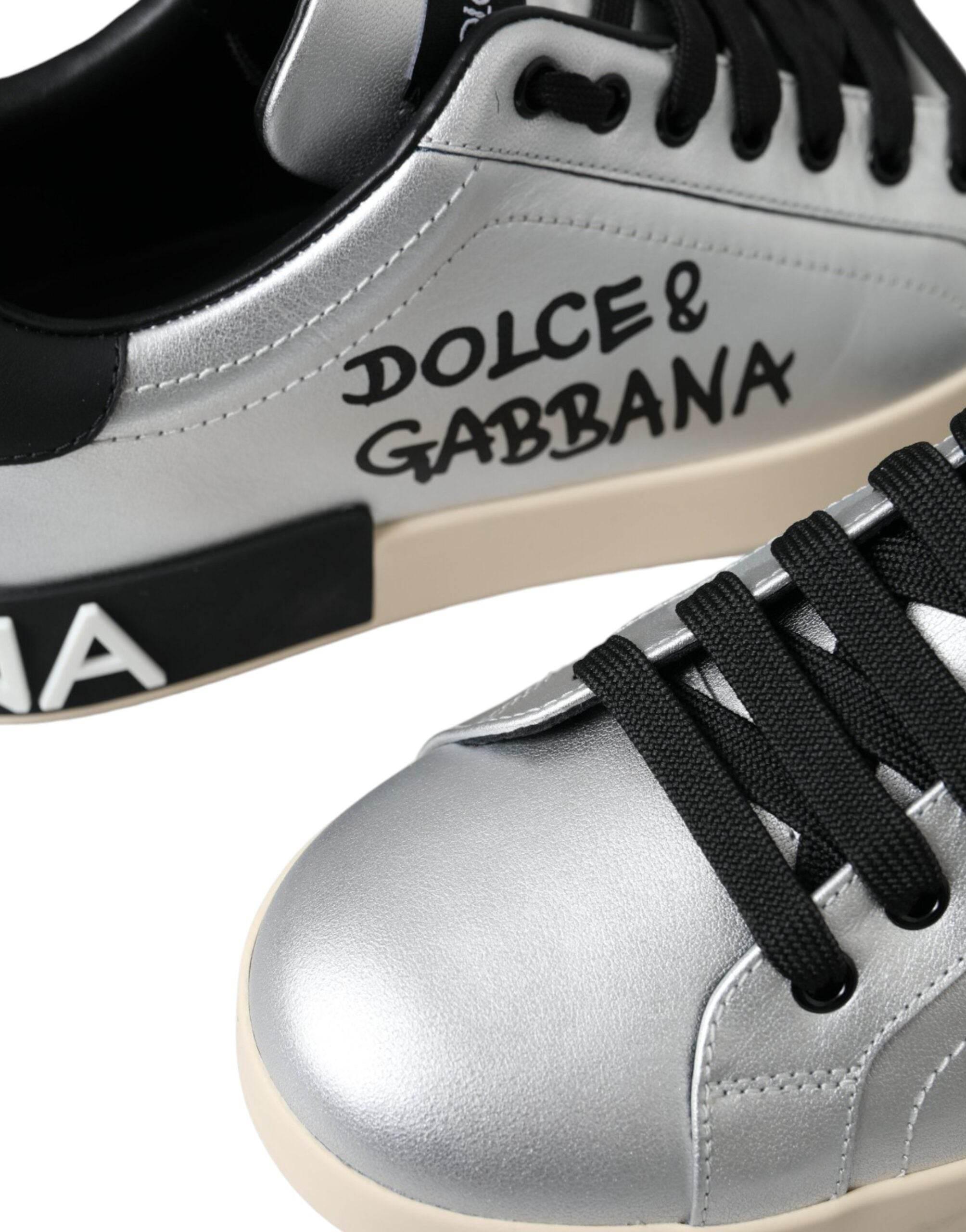 Dolce & Gabbana Silver Portofino Calf Leather Sneakers Men Shoes - Hilstor