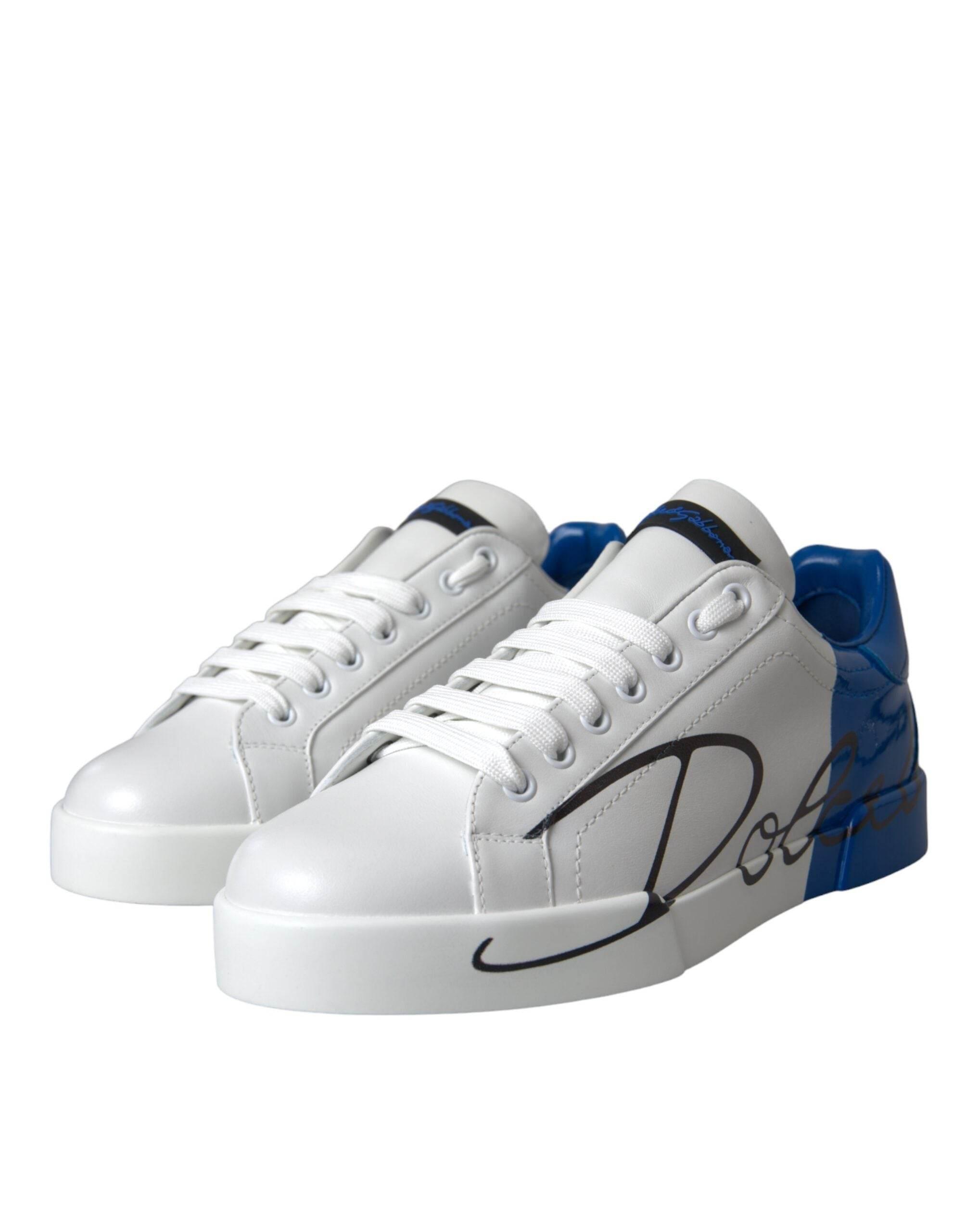 Dolce & Gabbana White Blue Leather Logo Low Top Sneakers Shoes - Hilstor