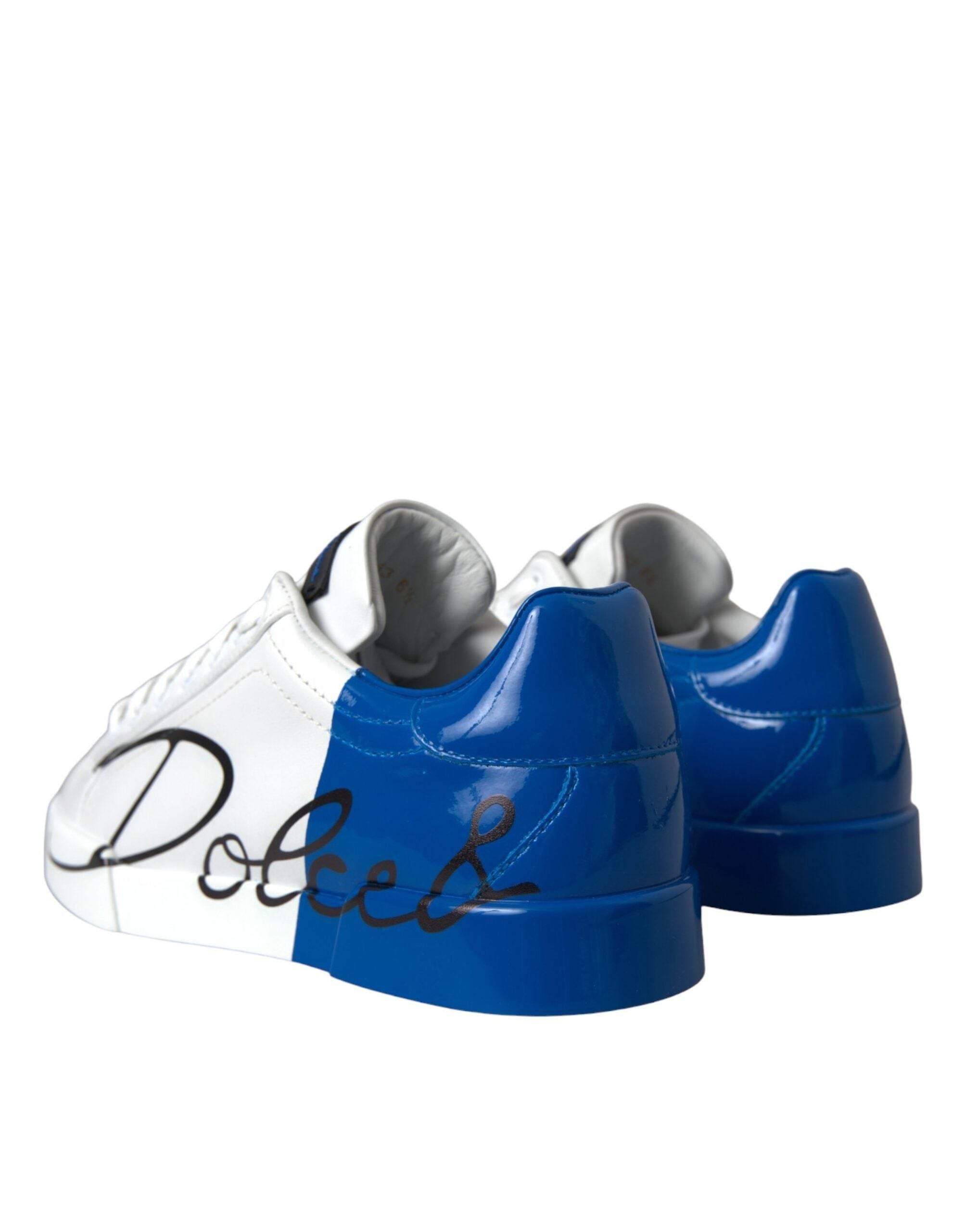 Dolce & Gabbana White Blue Leather Logo Low Top Sneakers Shoes - Hilstor