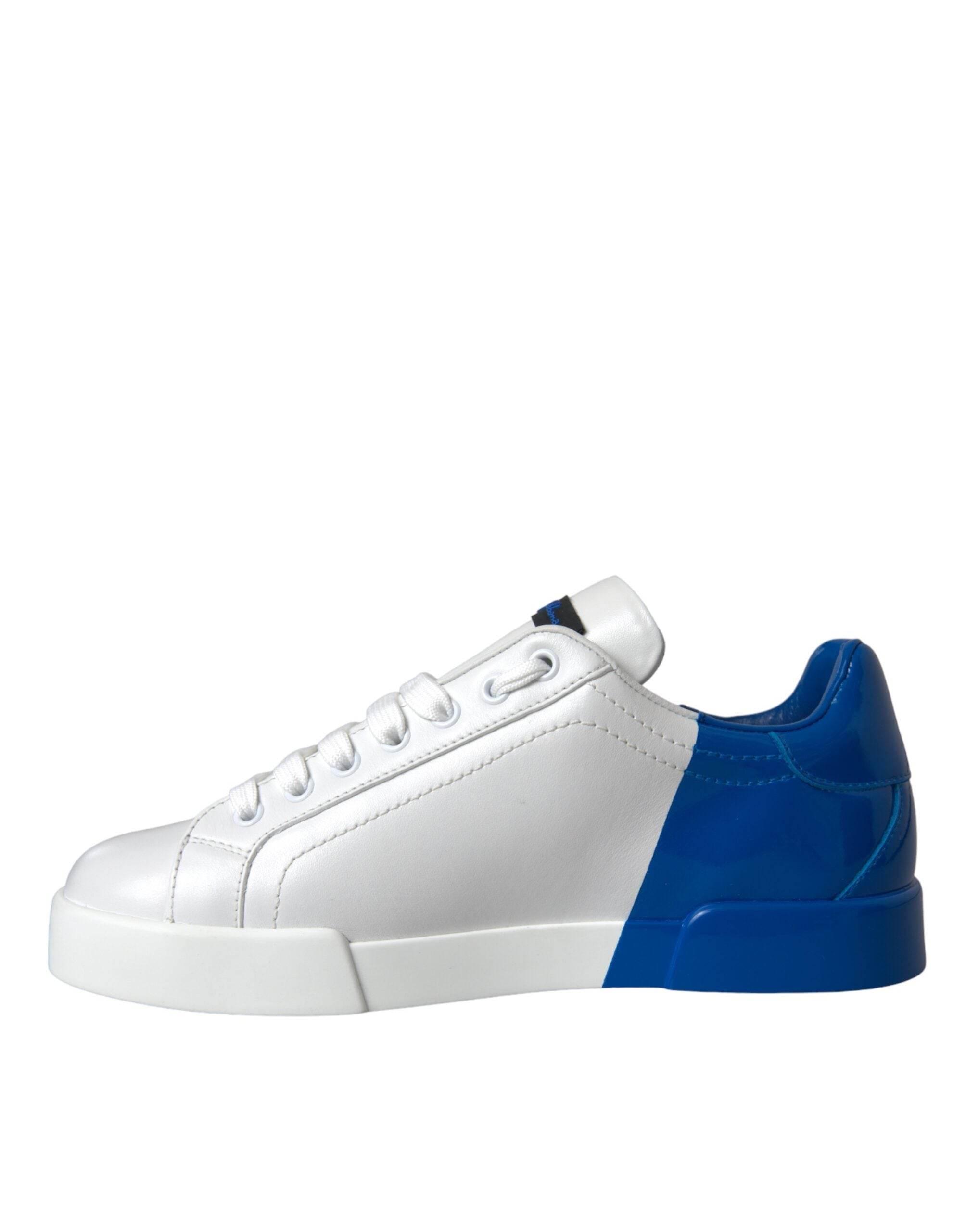 Dolce & Gabbana White Blue Leather Logo Low Top Sneakers Shoes - Hilstor