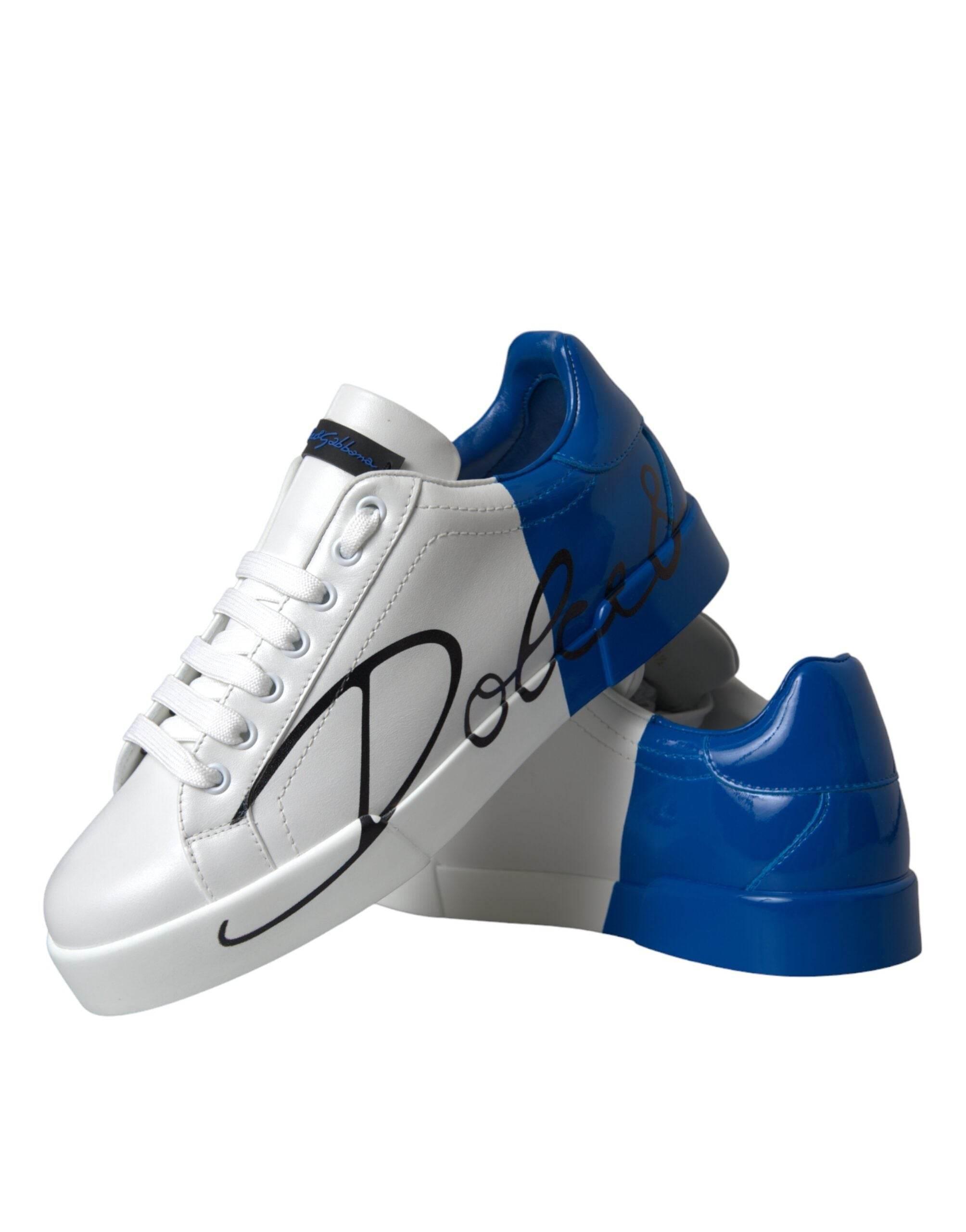 Dolce & Gabbana White Blue Leather Logo Low Top Sneakers Shoes - Hilstor