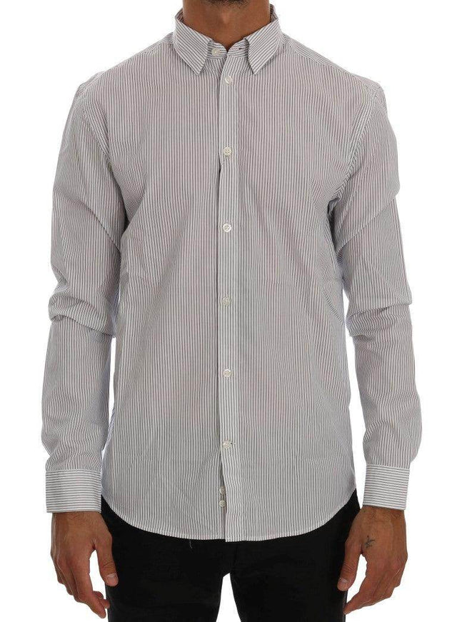 Frankie Morello Elegant White & Blue Striped Casual Shirt - Hilstor