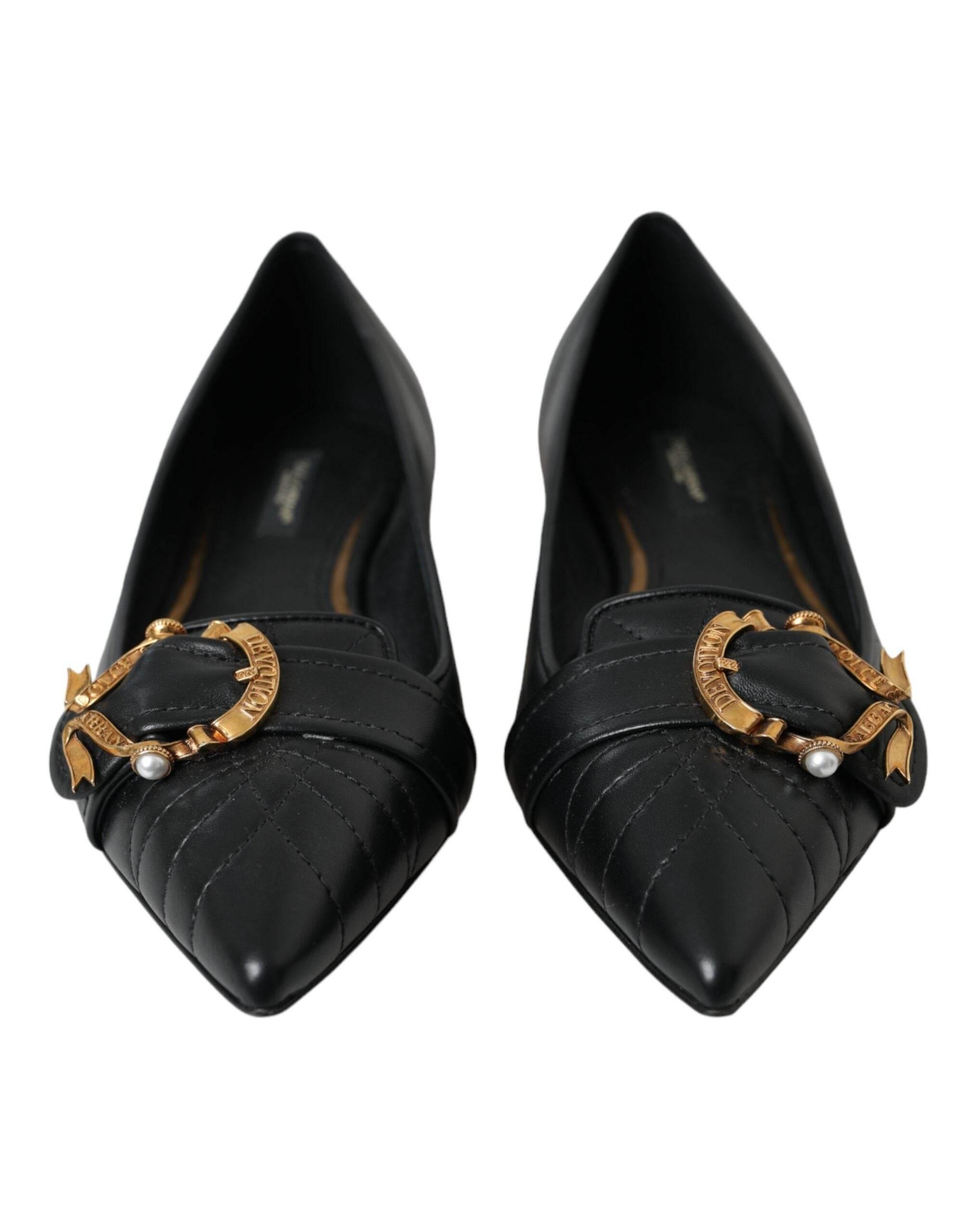 Dolce & Gabbana Black Devotion Leather Pointy Flats Shoes - Hilstor