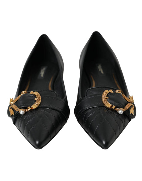 Dolce & Gabbana Black Devotion Leather Pointy Flats Shoes - Hilstor