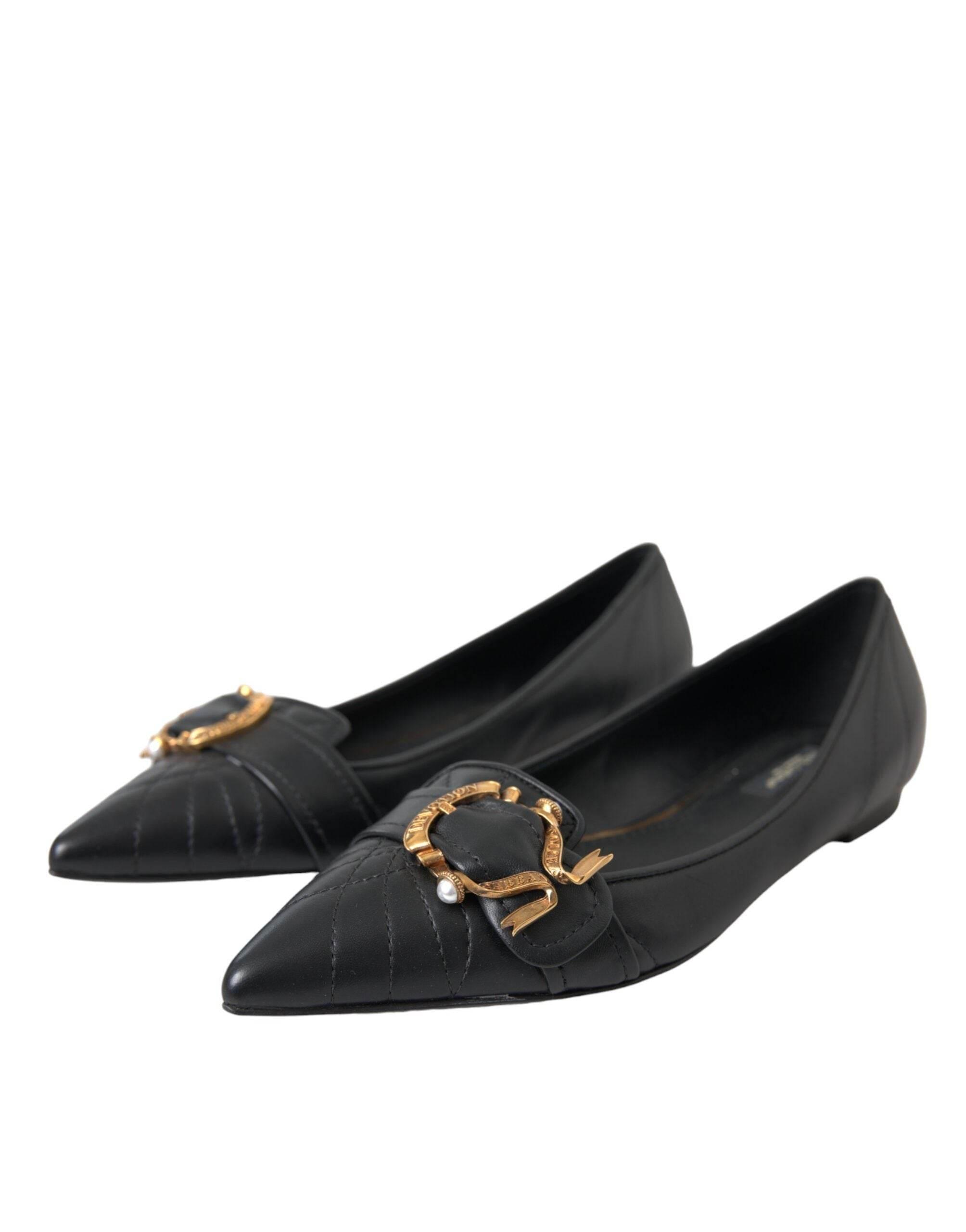 Dolce & Gabbana Black Devotion Leather Pointy Flats Shoes - Hilstor