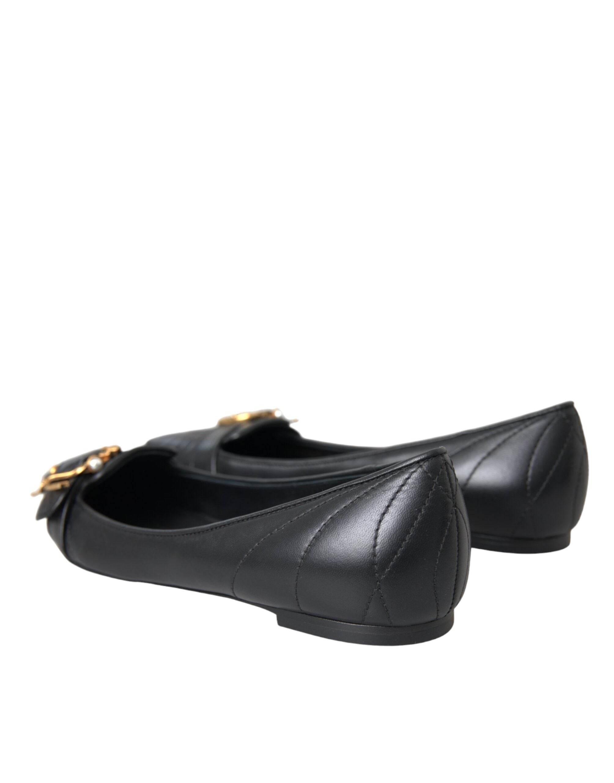 Dolce & Gabbana Black Devotion Leather Pointy Flats Shoes - Hilstor