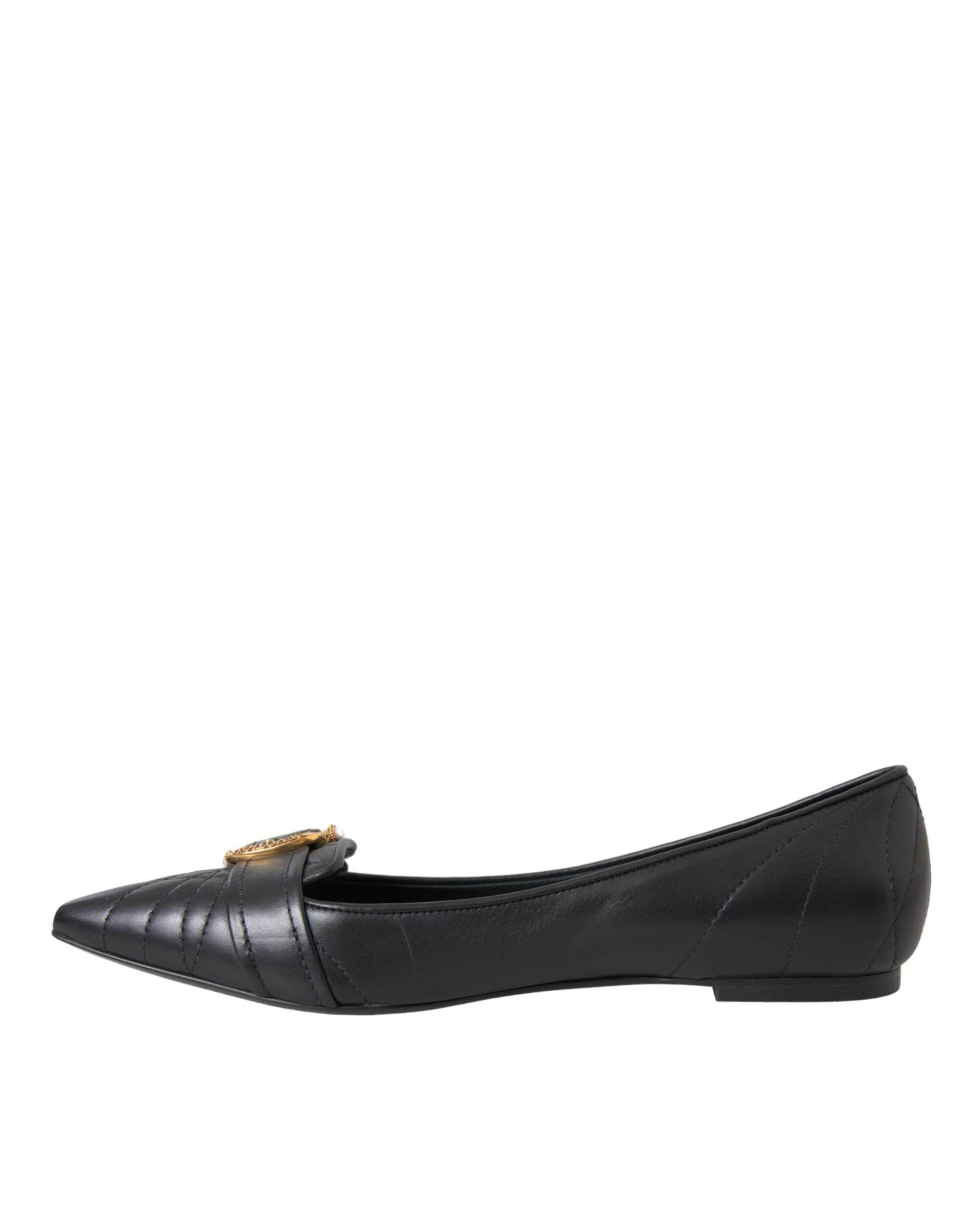 Dolce & Gabbana Black Devotion Leather Pointy Flats Shoes - Hilstor