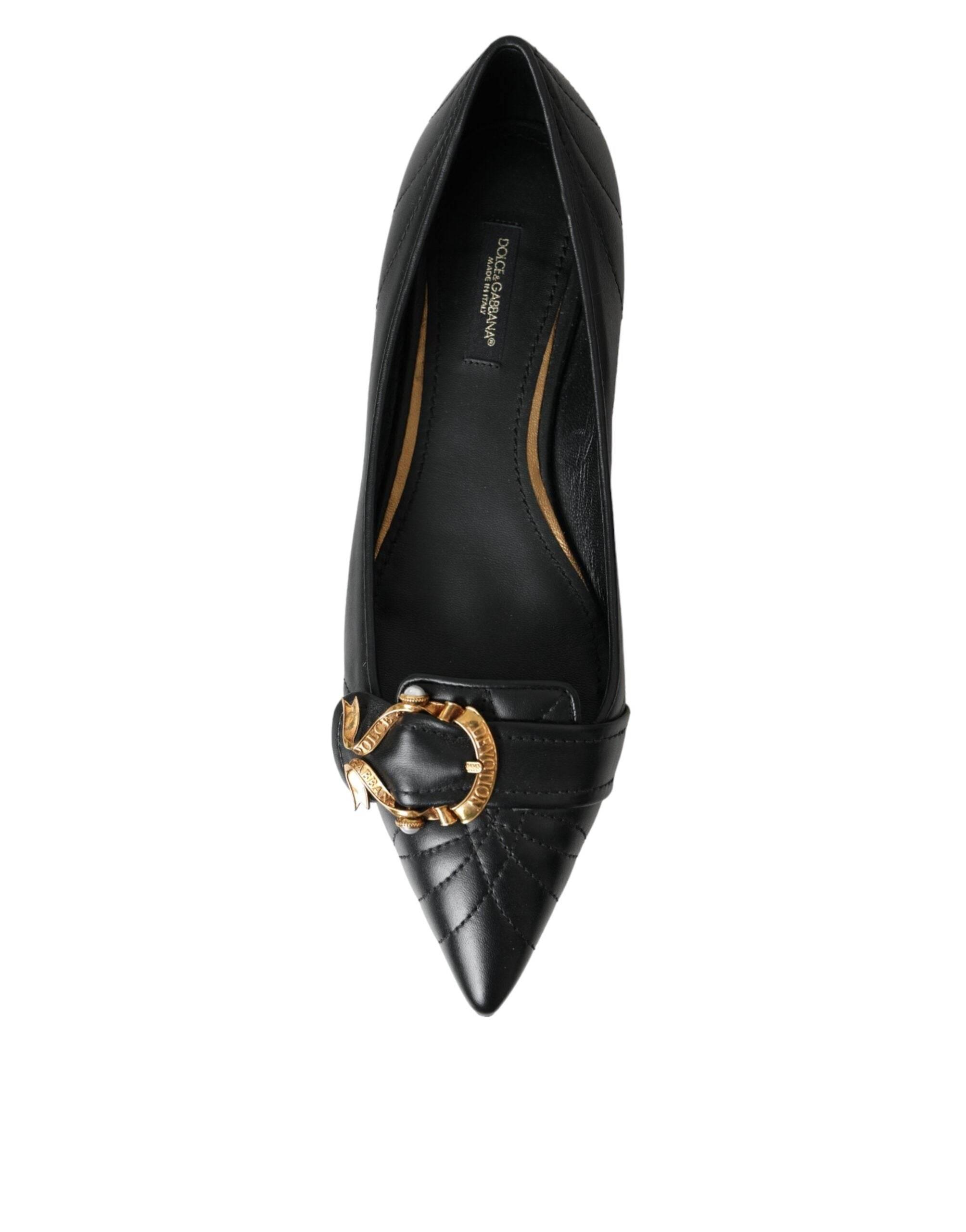 Dolce & Gabbana Black Devotion Leather Pointy Flats Shoes - Hilstor
