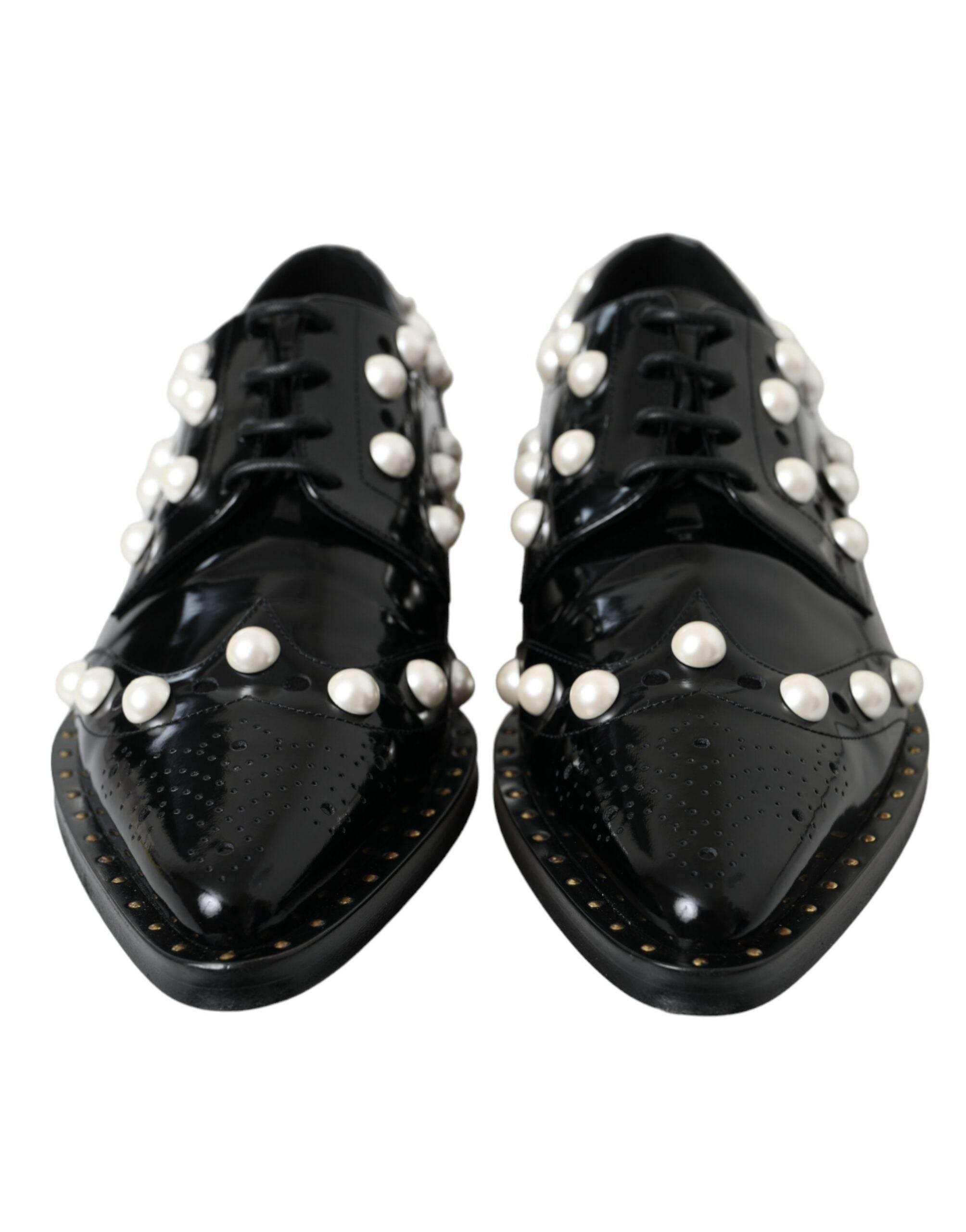 Dolce & Gabbana Black Leather Faux Pearl Dress Broque Shoes - Hilstor